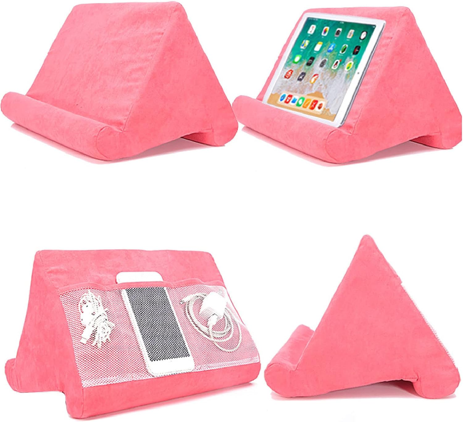 Tablet Cushion Stand Phone Holder Reading Cushion Adjustable Angle Cell Phones Tablet Stand with Mesh Pockets for Tablets Smartphones Books Magazines Bed Reading 11 x 9 x 10
