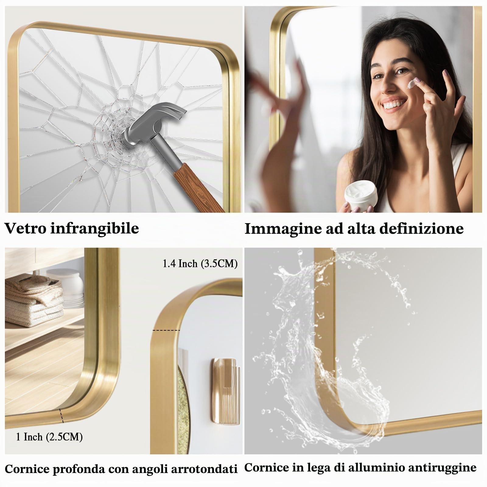 Specchio-Bagno 50x75 CM Oro Specchio da parete design moderno Profondità di 3.5 cm Specchio Bagno Orizzontale/Verticale decorazione da parete per camera da letto, ingresso, soggiorno, corridoio
