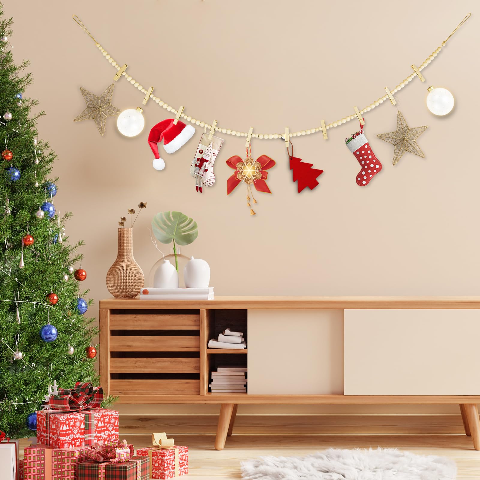 Guirlande Murale Boho Avec Perles En Bois Et 10 Pinces - 1,4 M, Décoration Chambre, Cadre Photo Pour Polaroids - Cadeau Adolescent, Noël, Anniversaire