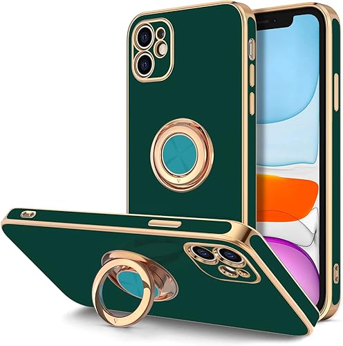 Miniatura 10 de Hython Funda para iPhone 11 con soporte de anillo [soporte de anillo giratorio de 360° con soporte magnético] [borde de oro rosa chapado en brillo]