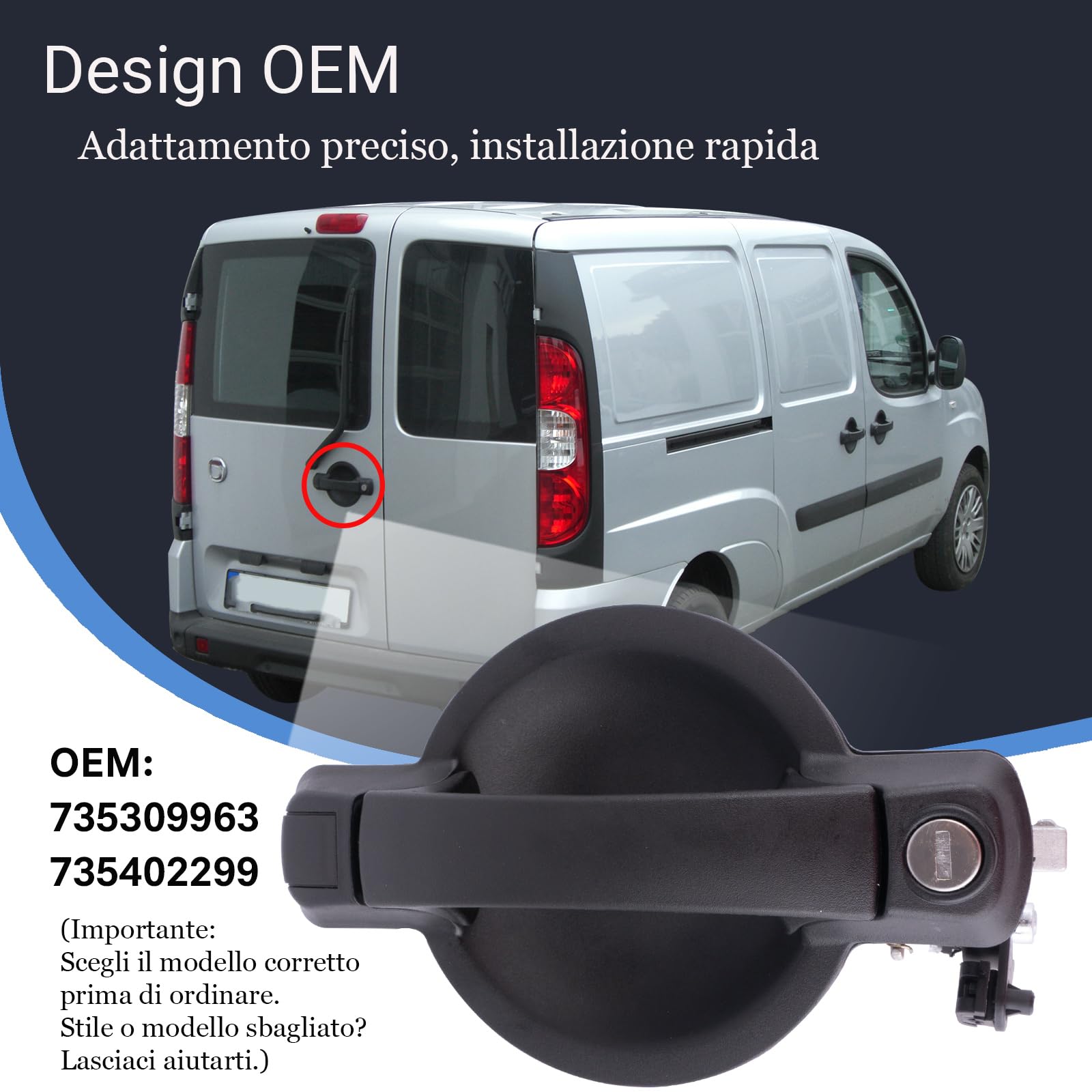 735309963 Maniglia Porta Esterna, Portiera Portellone Posteriore a Battente Compatibile con Fiat Doblo Cargo (MK1) & Doblo 119 2005–2010