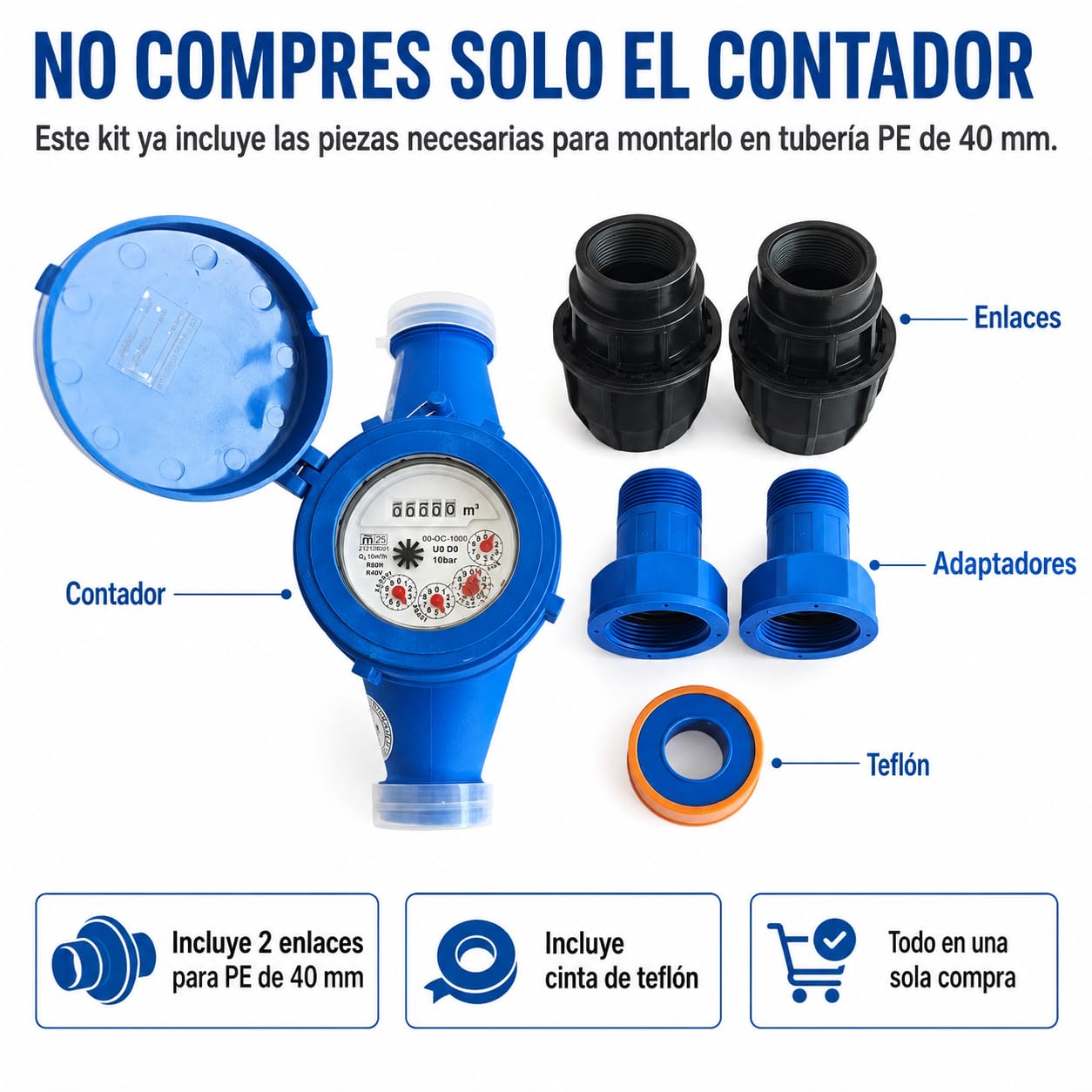 Contador de Agua para Riego Homologado Emeñe 1 1/4” con Enlaces PE 40 mm | Kit completo con 2 enlaces, juntas y teflón. Cuerpo plástico anticorrosión y acceso por QR a la documentación del fabricante.