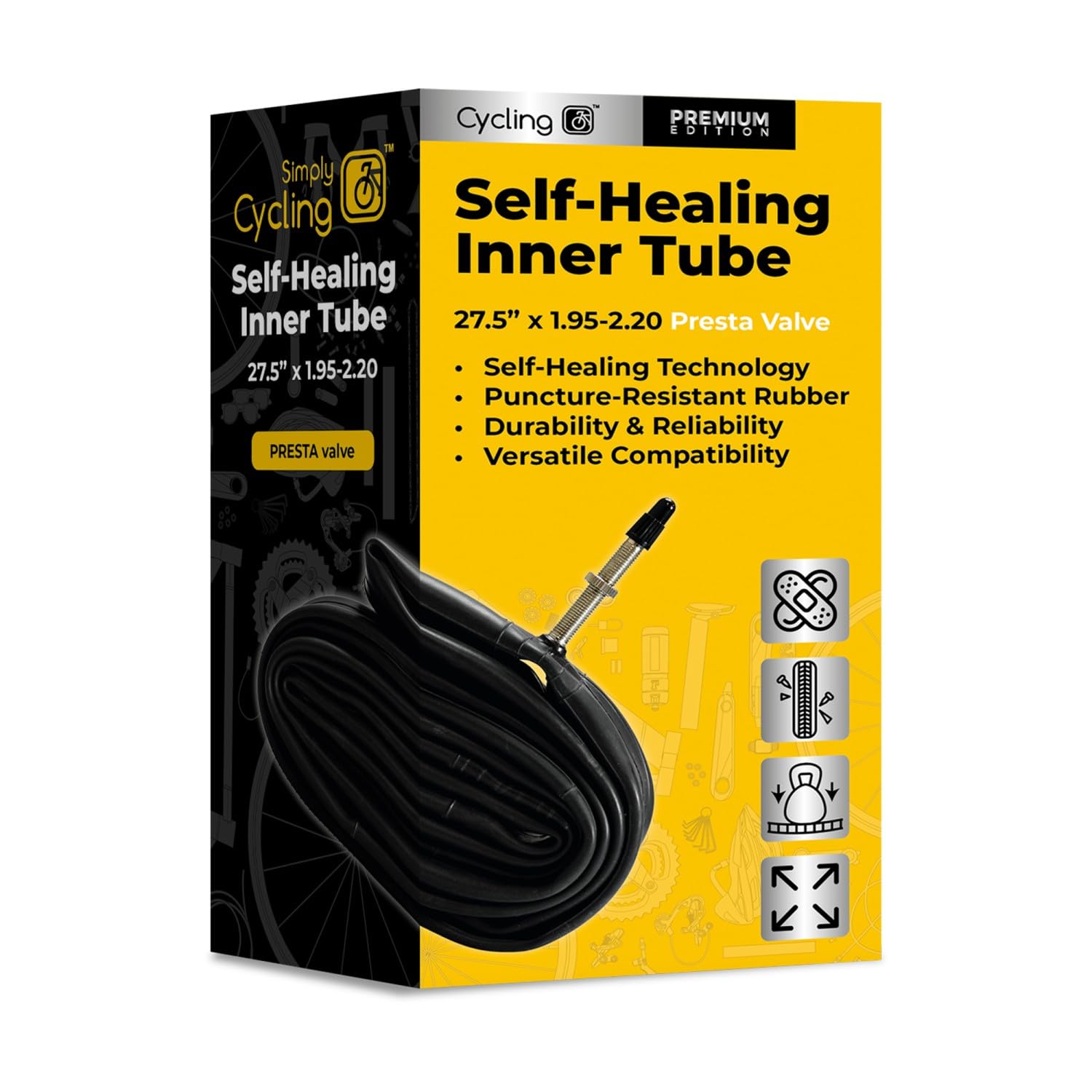 Simply Cycling Self-Healing Inner Tube PV 27.5 Inch x 1.95 to 2.2, Presta Valve 650B Sealant-Filled Butyl Rubber Tube for MTB Trail Bikes