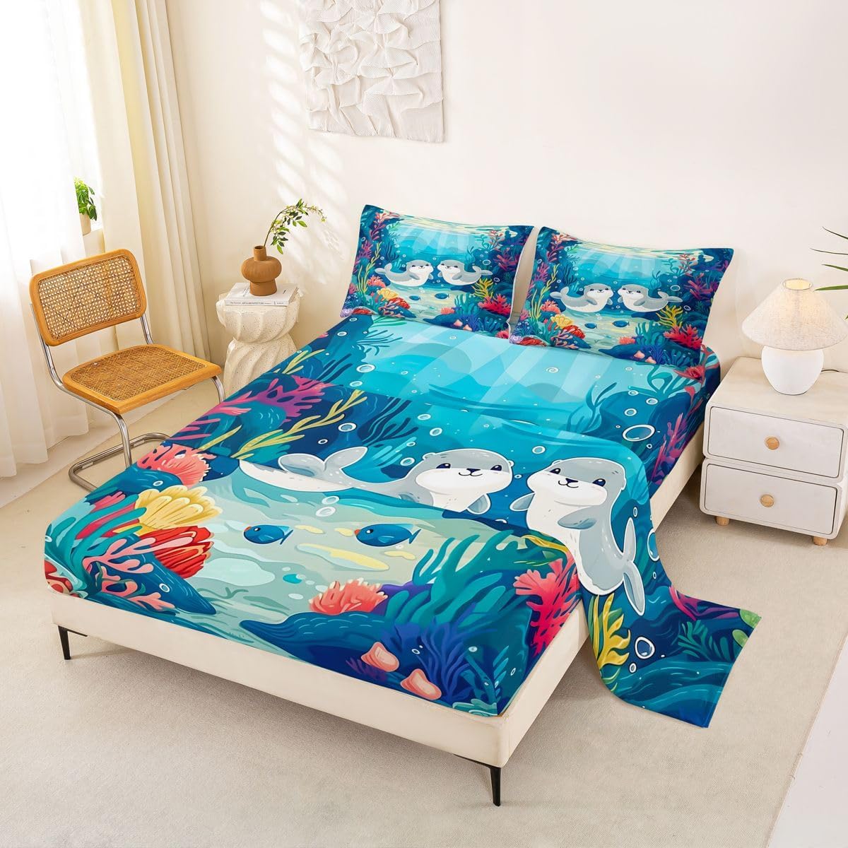 Erosebridal Cute Sea Otter Sheet Set Underwater Marine Life Full Size Bed Sheets for Toddler Boys,Nautical Sea Animal Colorful Coral Reef Fish Bedding Set