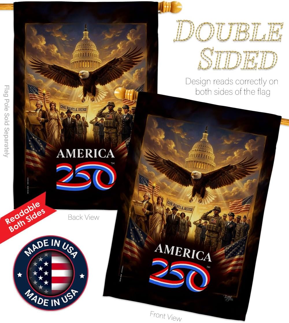 America 250 Flag Justice & Service Independence Day Wall Tapestry House Banner Official Licensed Merchandise Canvas Prints Yard Sign Textile Woven Fabric Poster USA 250th Anniversary Decoration Gift