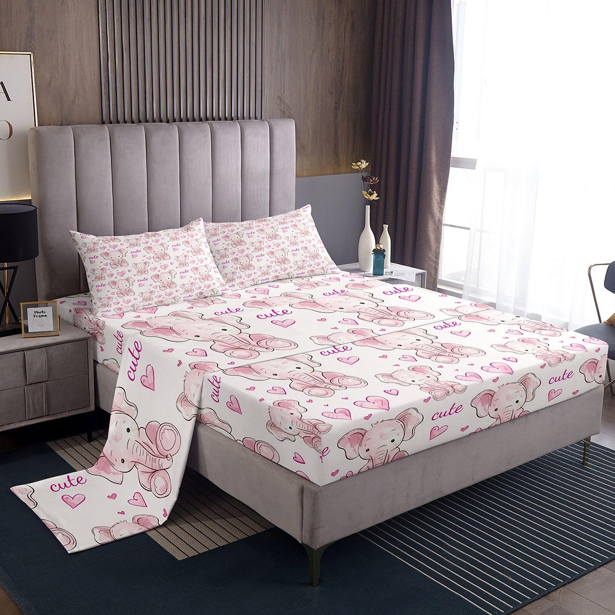 jejeloiu Cute Elephant Bed Sheets Sets Twin Size Kids Boys Girls Heart Bedding Set Kawaii Bed Sheet Set with 16-Inch Deep Pockets 3D Wild Animal Pattern 3Pcs with 1 Pillow Cases Pale Pink