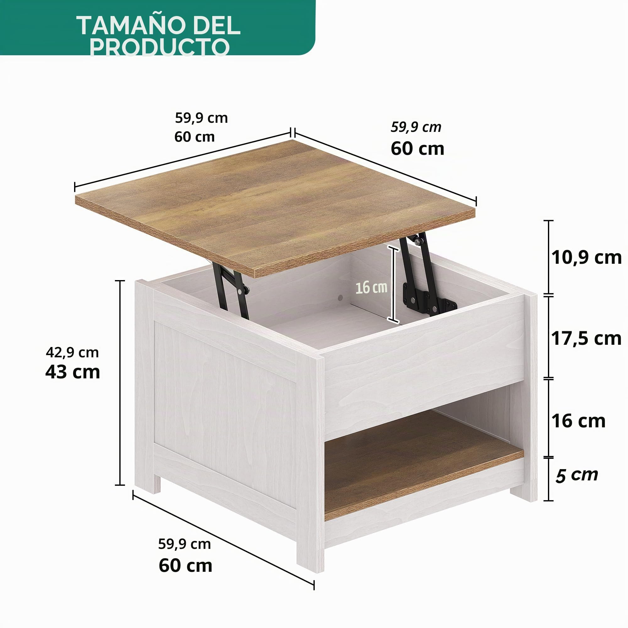 YITAHOME Mesa Centro Elevable con Estante, Mesita de Salón Cuadrada Mesa Café Moderna para sofá, Dormitorio, 60 x 60 x 45 cm