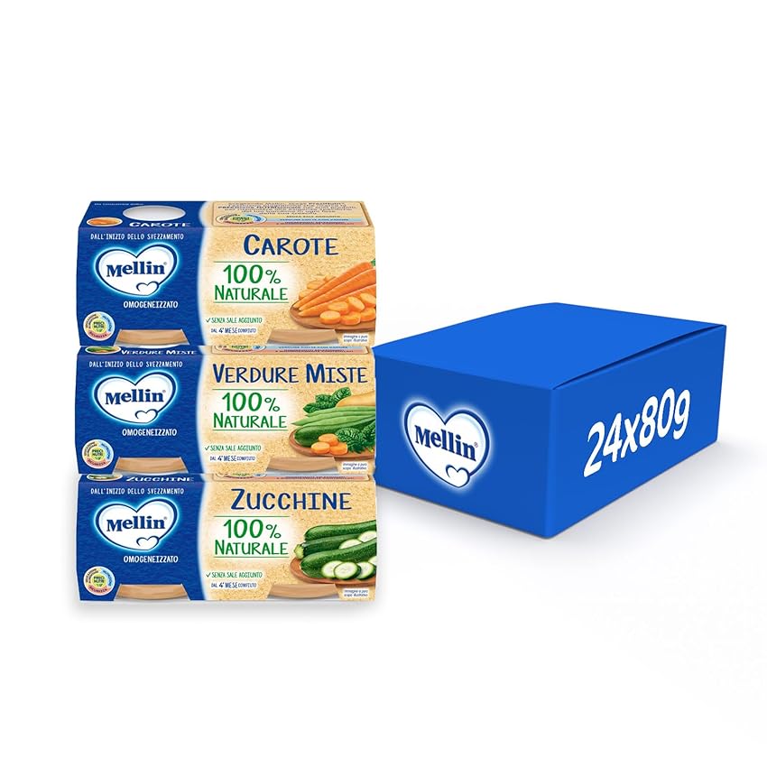 Immagine del prodotto Mellin 12 Vasetti x 80 g di Omogeneizzati di Verdure, 100% Naturale, 4 x 80 g Verdure Miste, 4 x Solo Carote, 4 x Solo Zucchine