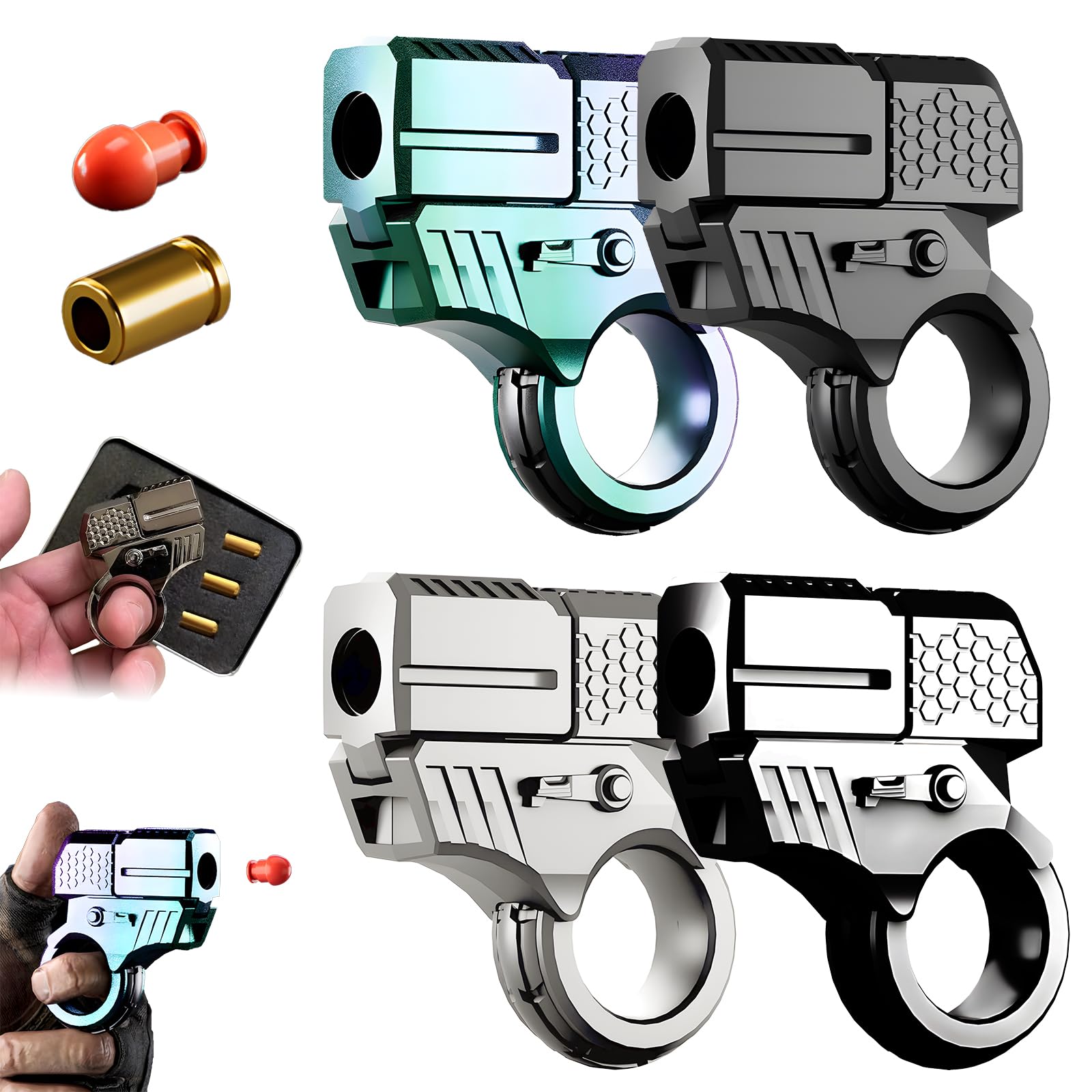 Alloy Ring Spinning Toy Launcher, Decompression EDC Launcher Model Ring One-Click Eject Fidget Ring with Soft Bullets (4 Pieces Set) — image 1