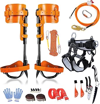 Tree Climbing Gear, Tree Climbing Spikes, Tree Climbing Gear with Adjustable Climbing Straps and Steel Core Flip Line, Rock Climbing Kit with Triple Lock Lanyard Adjuster