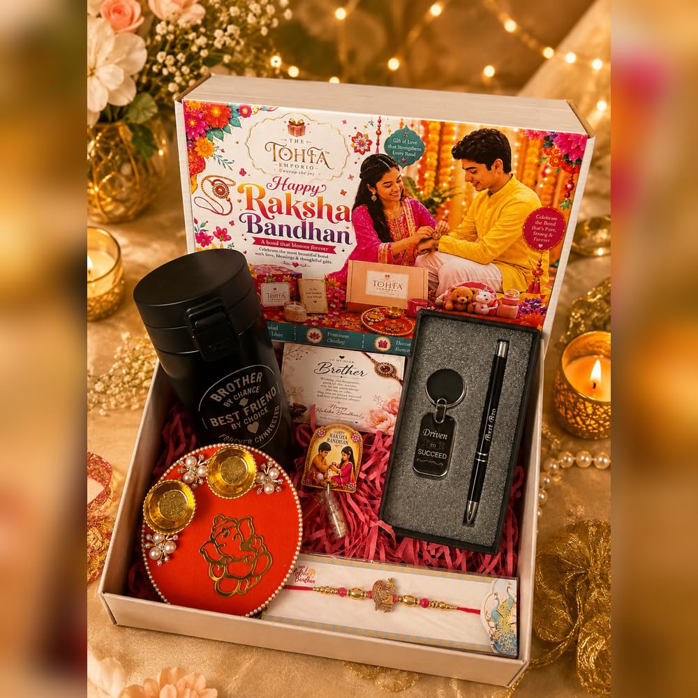 Raksha Bandhan Gift Hamper for Brother | 8 Piece Premium Set with Insulated Travel Mug, Rakhi, Designer Pooja Thali, Pen & Keychain Gift Set, Greeting Card, Roli Chawal & Fridge Magnet-image-5