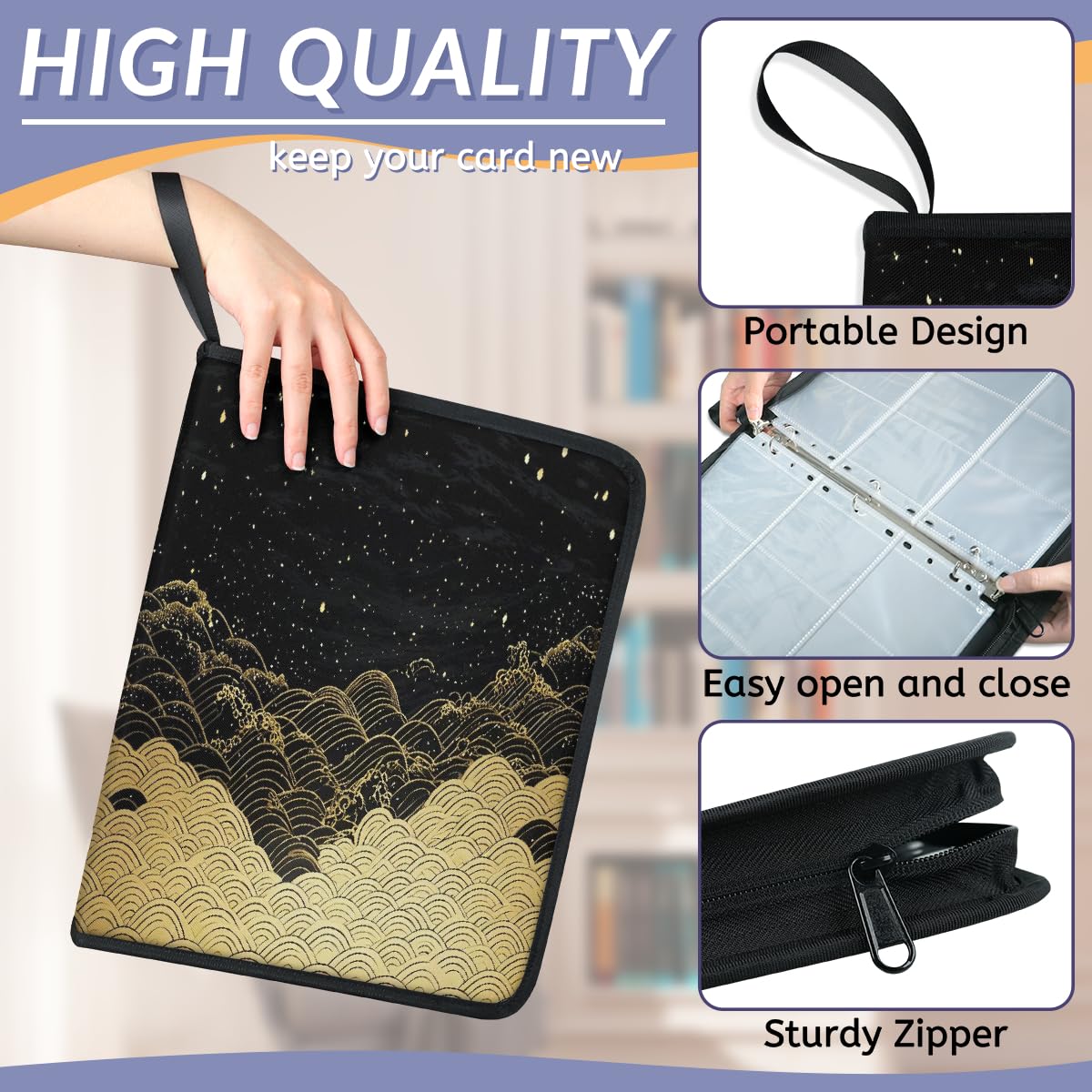 Carpeta de tarjetas coleccionables con 9 bolsillos con impresión japonesa, álbum de tarjetas de ondas doradas con fundas extraíbles, libro de tarjetas impermeable con cremallera, capacidad para 50