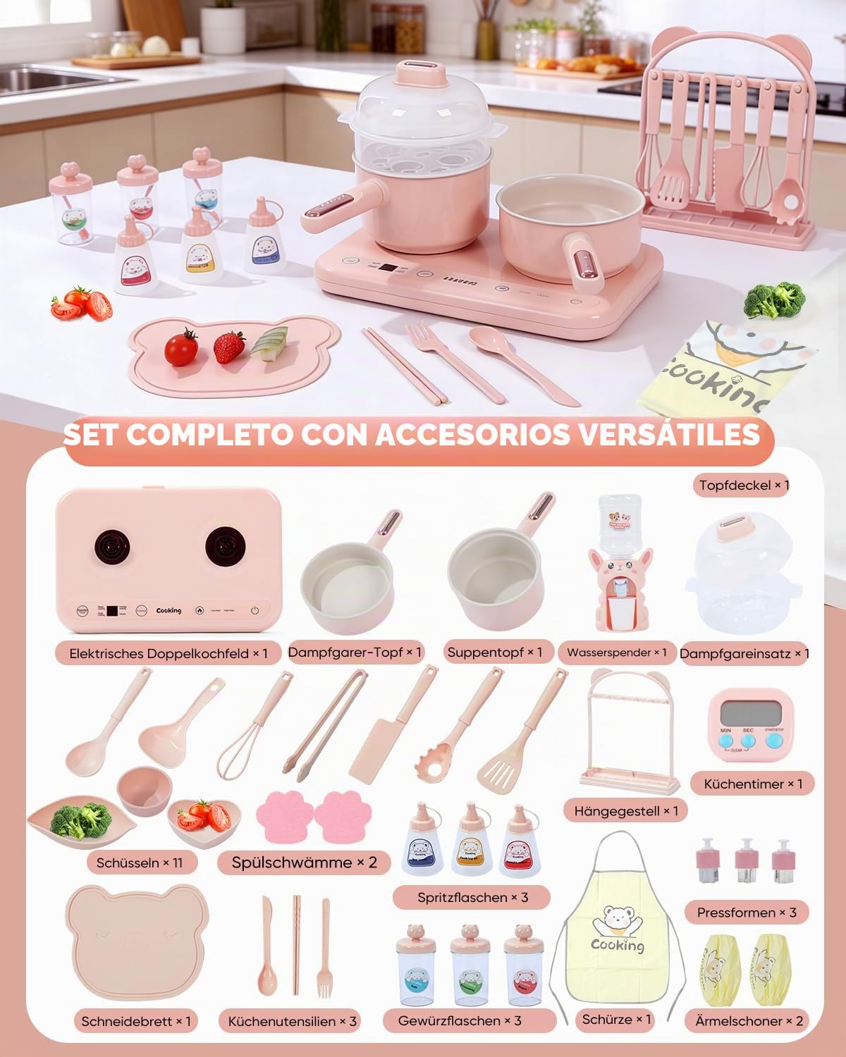 BICRET Juego de Cocina Eléctrica para Niños con Doble Fuego, Accesorios Completos, Incluye Utensilios de Cocina y Cuchillo de Chef Seguro, para Niños de 8 a 12 Años (Rosa)