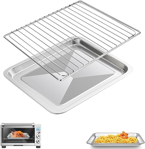 Air Fryer Baking Pan & Grill Rack Set for Breville Countertop Oven BOV845BSS,14''×11.6'' & 11.77''×11.77', Nonstick Stainless Steel Set 360°Heating Grilling Oven Accessories for Family Cooking