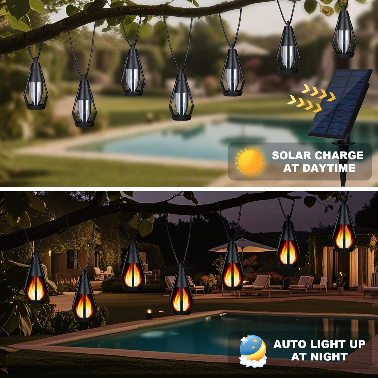 Solar String Lights Outdoor Waterproof, 20ft Outdoor Solar String Lights, Gazebo Lights, Solar Flame Lights with 10 Flickering Flame Bulbs for Outside Camping Backyard Garden Decor