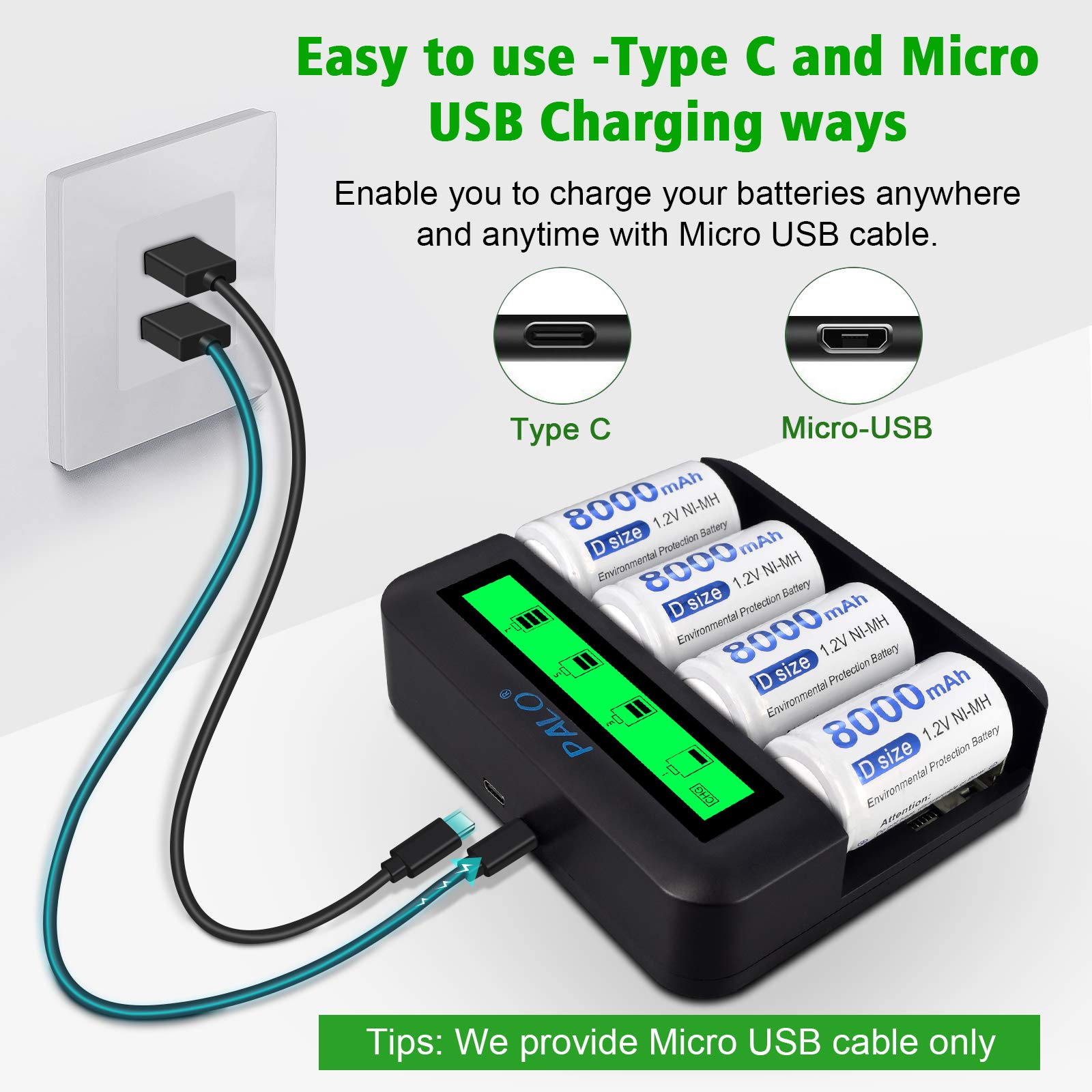 CITYORK Cargador de batería universal LCD, para baterías 8 AA/AAA o 4 C/D, canal de carga independiente por cargador rápido, con 4 pilas D de 10000 mAh
