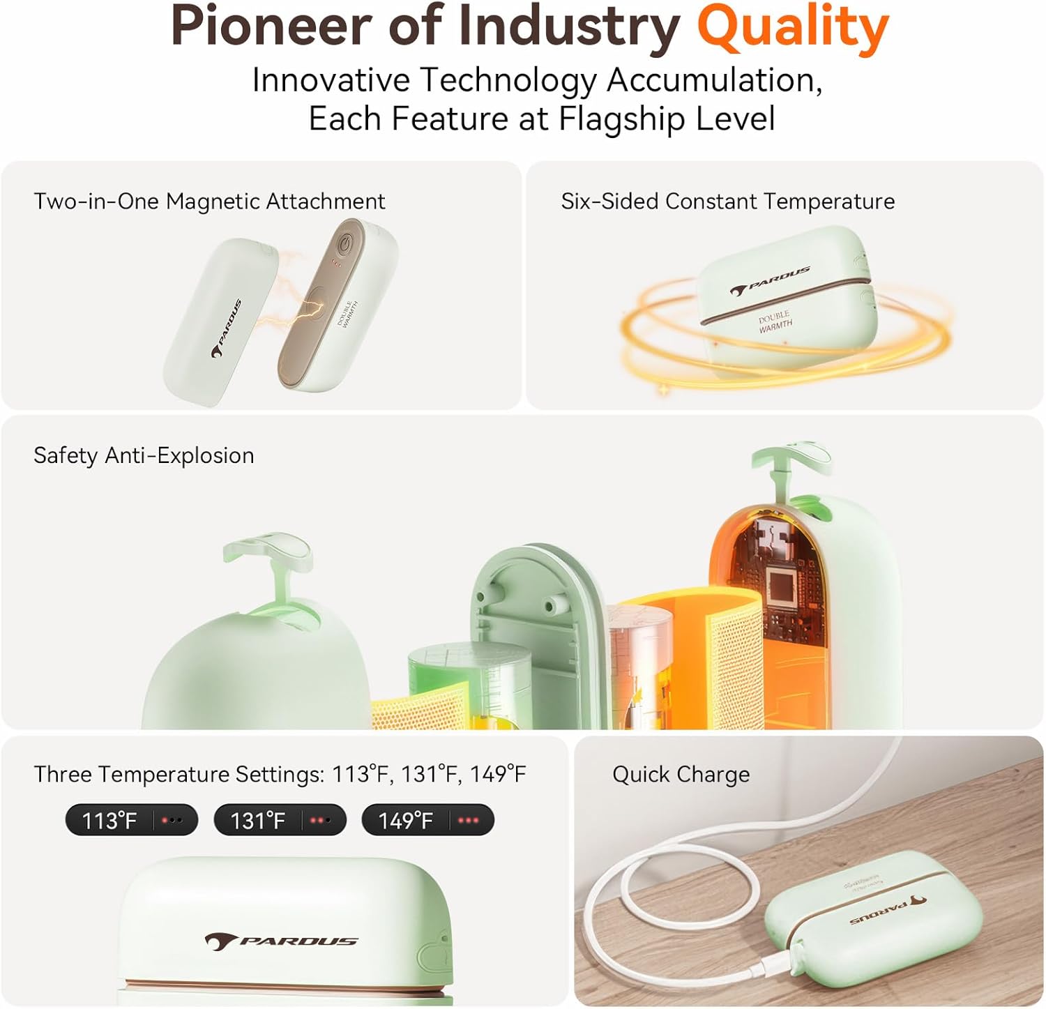 Pardus Hand Warmers Rechargeable 2 Pack, 6000mAh Electric Hand Warmers, 480 Minutes Long Safe Heat, Portable Pocket Heater, Gifts for Christmas, Hunting, Cycling, Winter Sport Accessories (Quartz) - Image 5