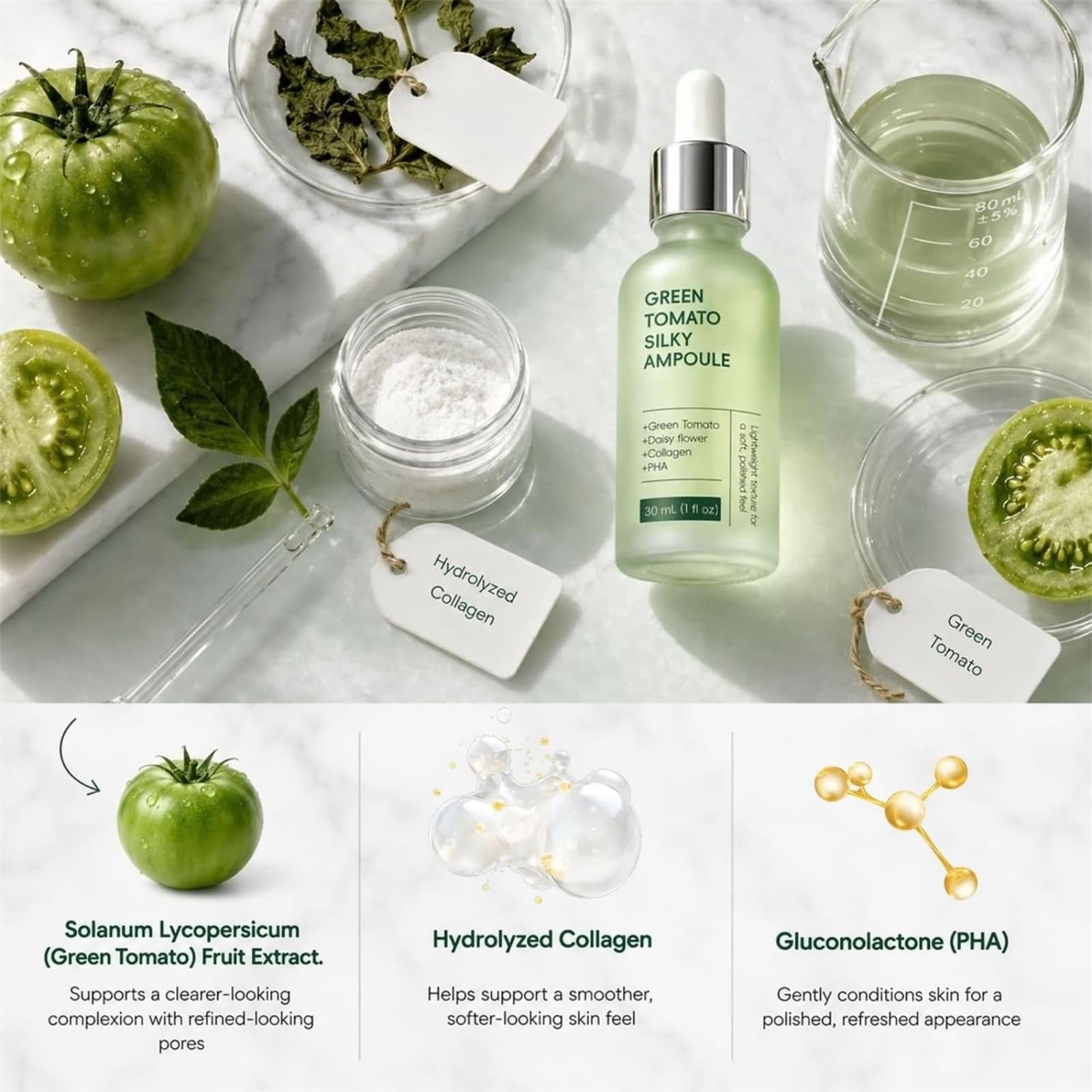 Ampolla Di Sollevamento Dei Pori Del Pomodoro Verde, Olio Del Viso Delicato Di Collagene Per I Pori, Cura Idratante Per La Pelle Sensibile, Formula Naturale, Cura Della Pelle Leggera (3pcs)