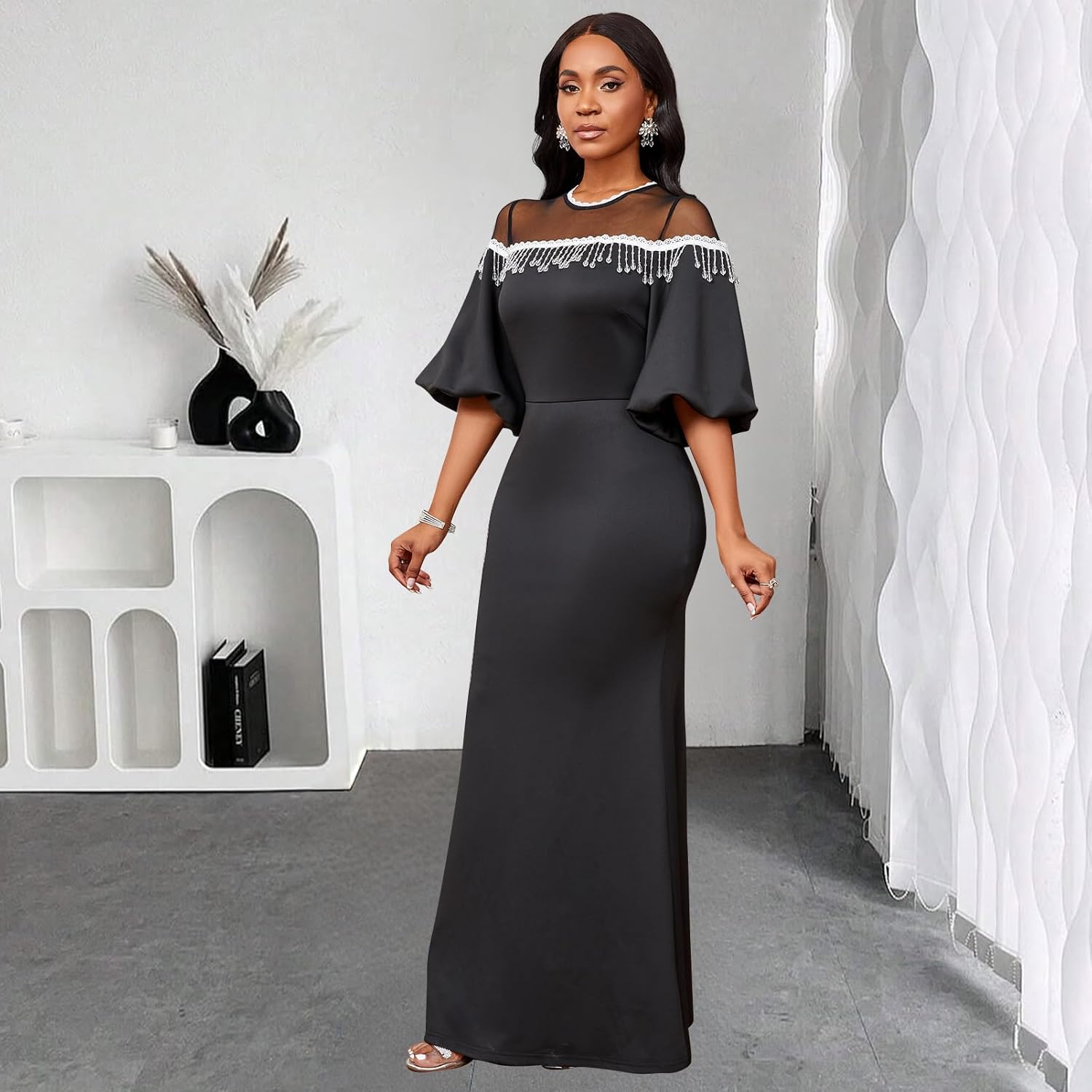 Cololura Women Elegant Lantern Middle Sleeve Tassel Mesh Perspective Party Bodycon Party Evening Gown Formal Maxi Dress - Image 5