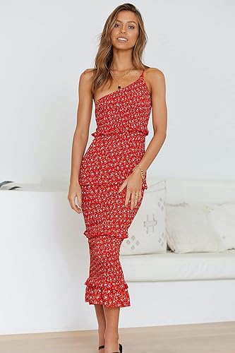 Miniatura 7 de PRETTYGARDEN Vestido midi de verano para mujer con un hombro descubierto tirantes y volantes floral bohemio para el sol