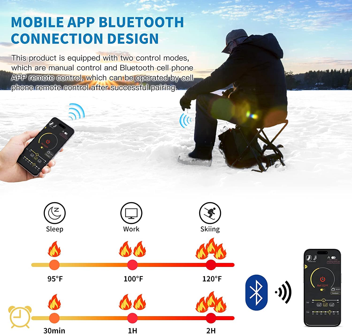 Chaussettes Chauffantes Homme Femme, Chaussettes Chaudes avec Télécommande APP à Batterie 5000mAh, Chauffe-Pieds d'hiver en Coton pour Ski, Pêche, Snowboard, Randonnée