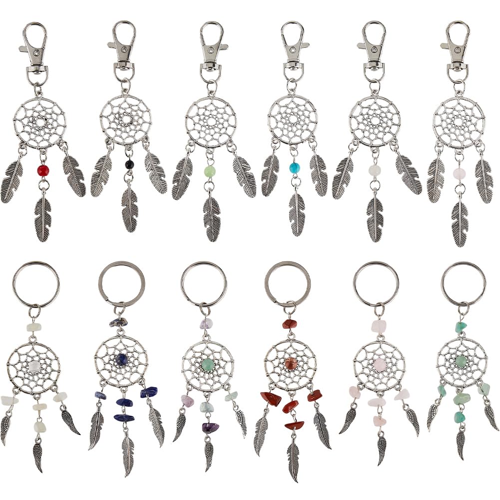 SUNNYCLUESUNNYCLUE 1 Box 12 Styles Dream Catcher Keychain Bohemian Style Stone Keychains Bulk Natural Chip Gemstone Beads Feather Charms Keyring Lucky Crystal Chakra Beads Key Chains for Bag Home Ornaments