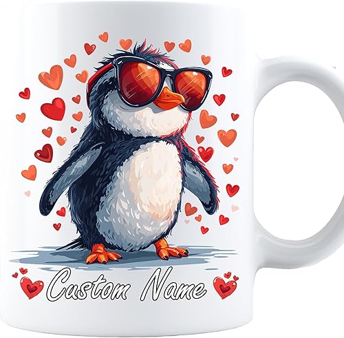 PerfectoStore Gafas de sol personalizadas de pingüino de San Valentín, regalos de corazón de pingüino de San Valentín para mujeres, ella, taza de