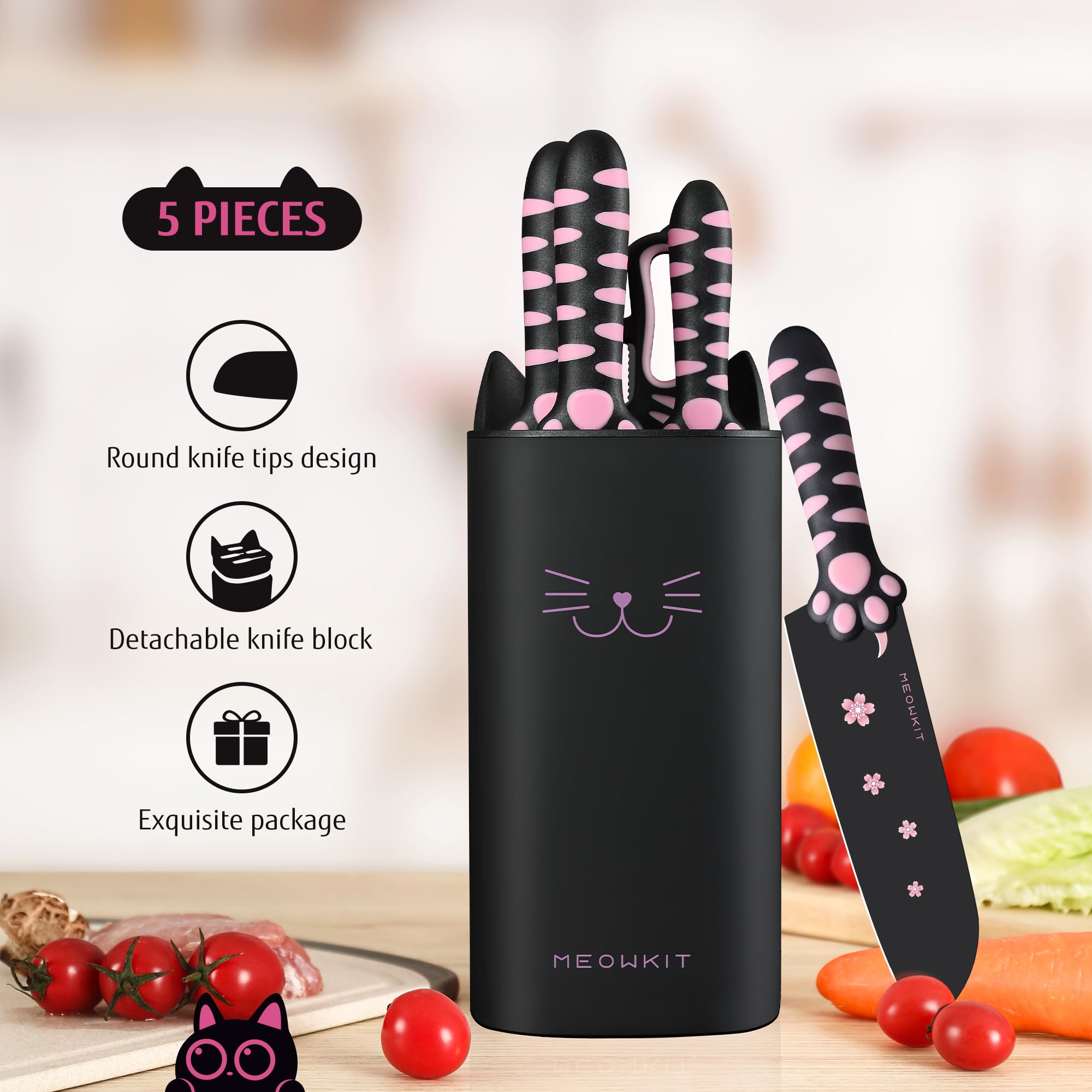 Bloc de Couteaux de Cuisine 5 Pièces, Set de Couteaux Professionnels en Acier Inox avec Ciseaux, Design Patte de Chat, Noir et Rose, Décoration de Cuisine Moderne