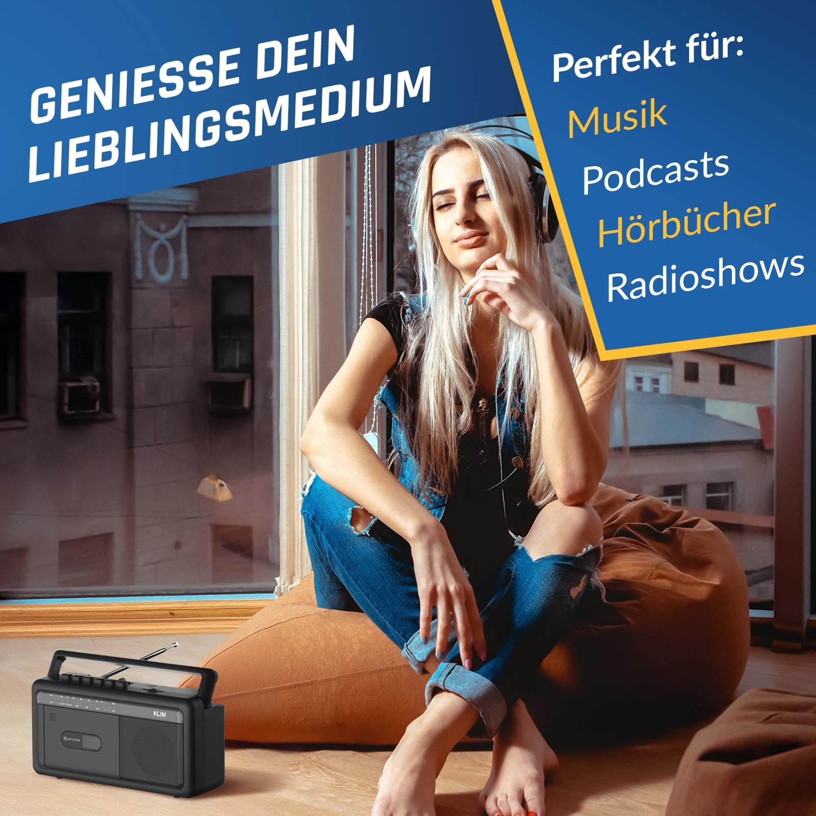 KLIM Tragbare Kassettenspieler Boombox, AM/FM Radio, Bluetooth Radio, Cassette Player & Kassettenrecorder, USB, Lautsprecher, Kopfhöreranschluss, Batteriebetrieb & Netzbetrieb - Schwarz