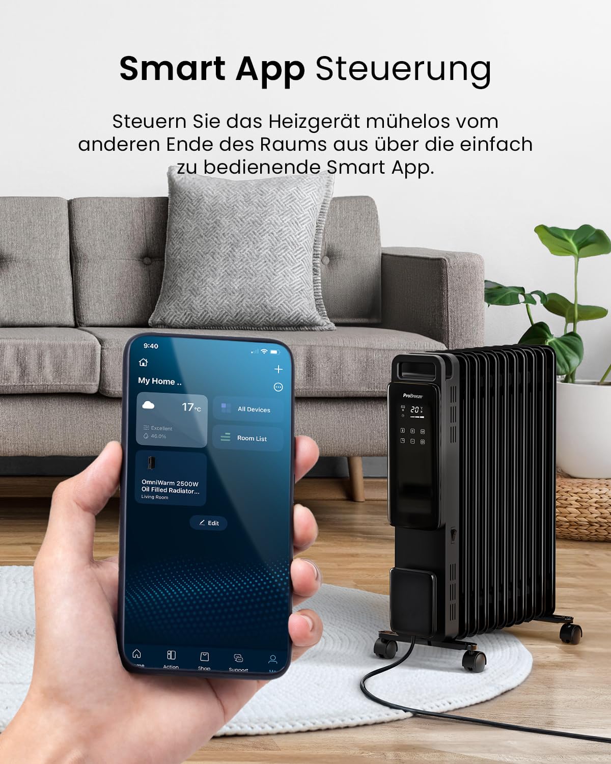 Pro Breeze 2500W Ölradiator mit 11 Lamellen, Smart Heizung elektrisch - Ölradiator energiesparend, 3 Heizstufen, Einstellbares Thermostat, WLAN, 24h Timer, Touch Display & Sicherheitsabschaltfunktion
