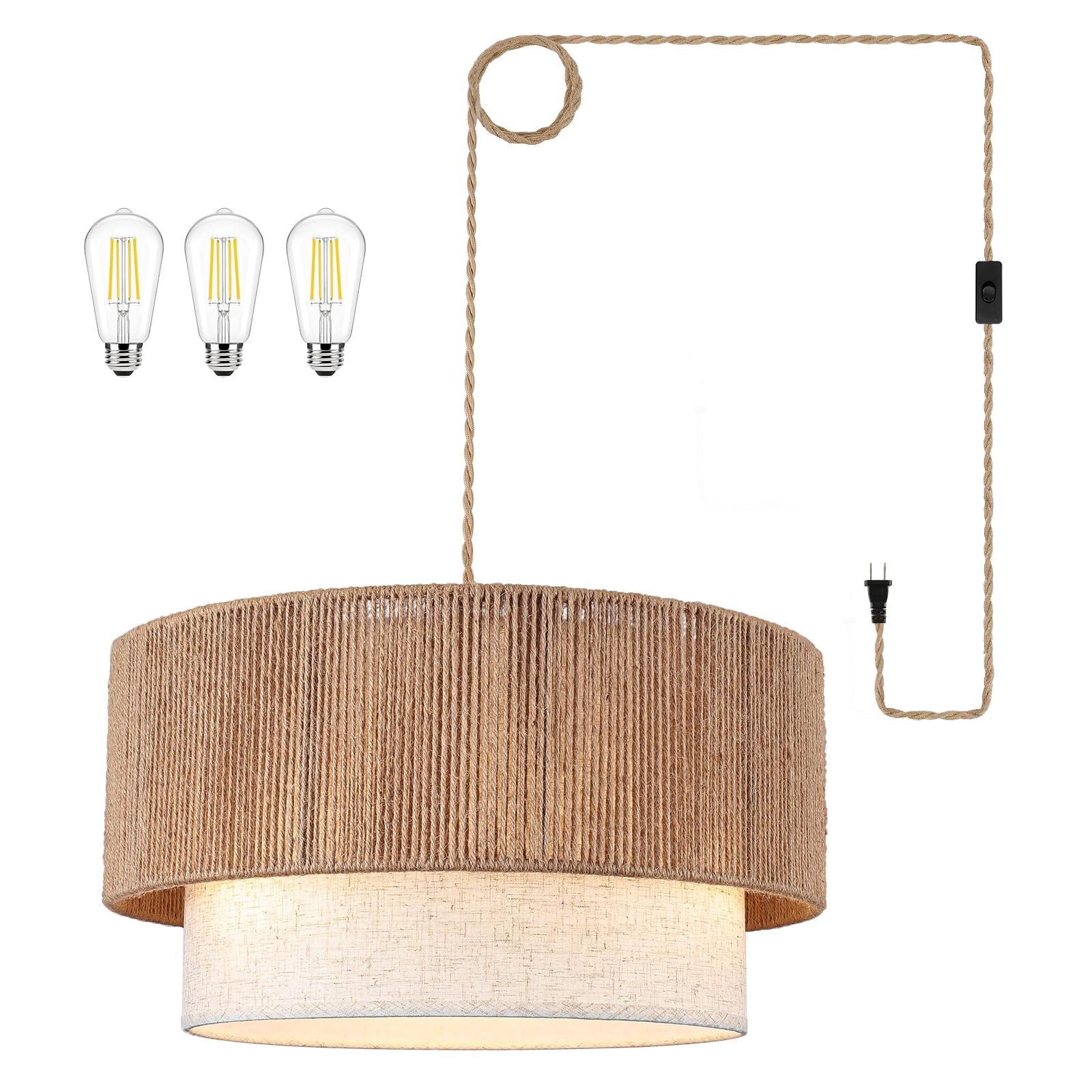 Plug in Pendant Light, 18" Rattan Plug in Chandelier with Linen Fabric Shade, E26 On/Off Switch, Plug in Hanging Pendant Light for Dining Room Living Room Kitchen Foyer