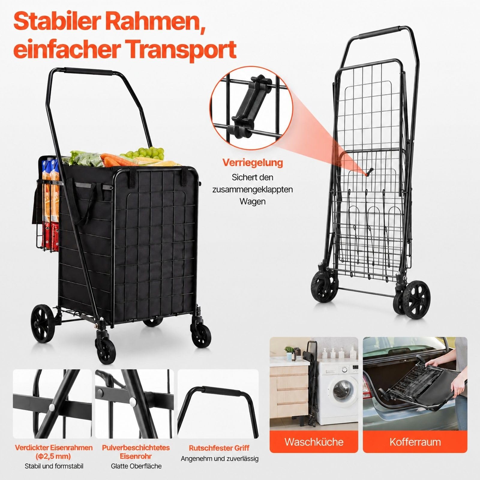 Zusammenklappbarer Einkaufsroller mit 2 Körben, Rollen und Auskleidung, für Wäsche, Einkaufen, Camping und Lebensmittel