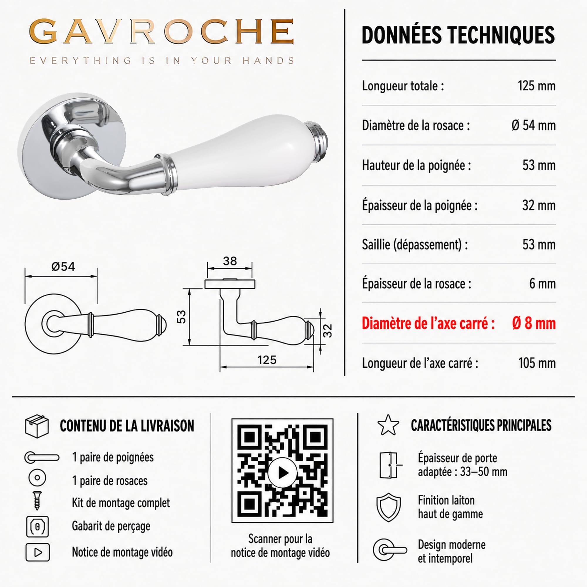 Gavroche Poignées de porte avec éléments en porcelaine - Ferrure de porte chromée polie - Poignée de toilette - Pour salle de bain - 1 jeu de poignées avec matériel de fixation