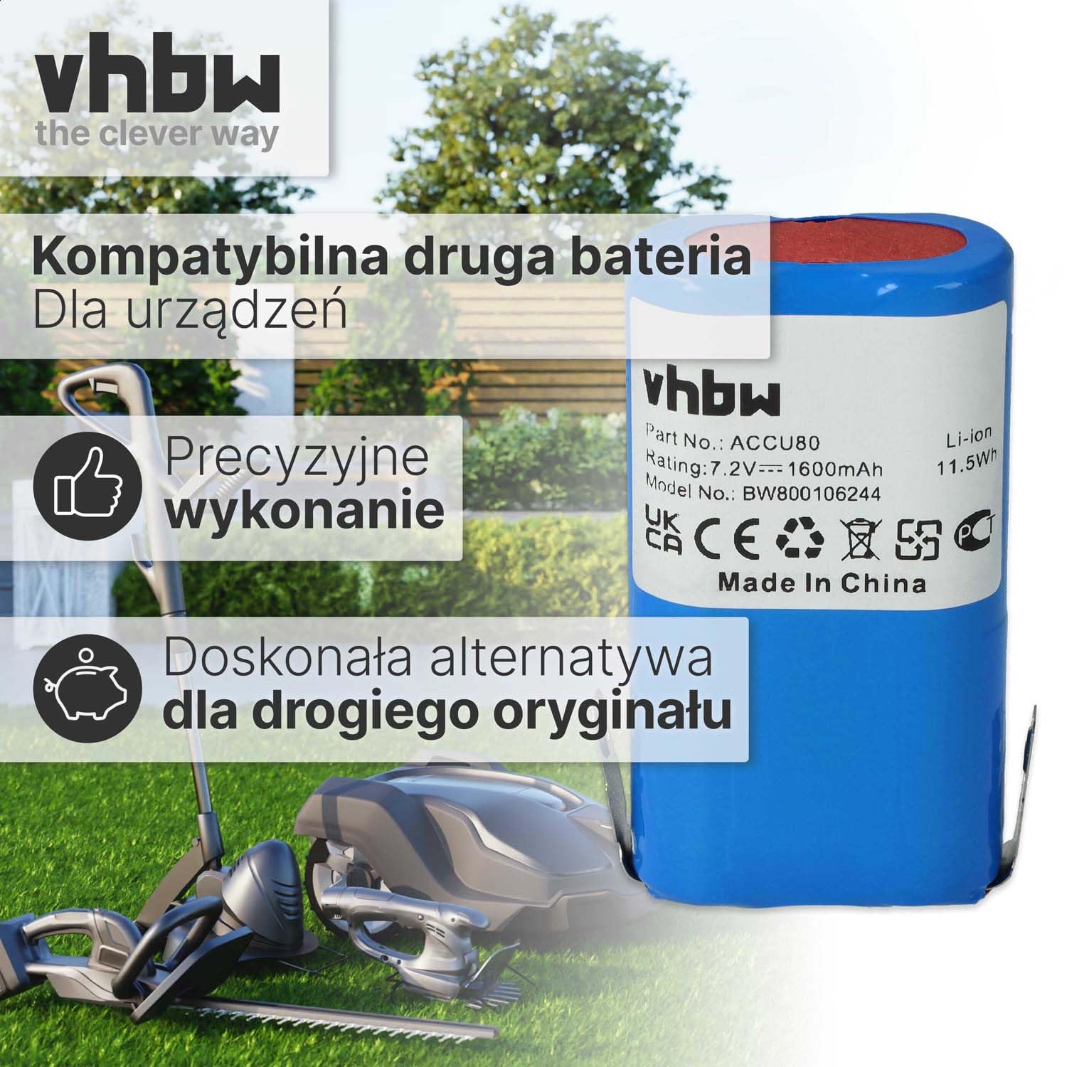 vhbw Bateria kompatybilna z Gardena Accu80 8824 nożyce do żywopłotu, nożyce elektryczne (1600mAh, 7,2V, Li-ION)