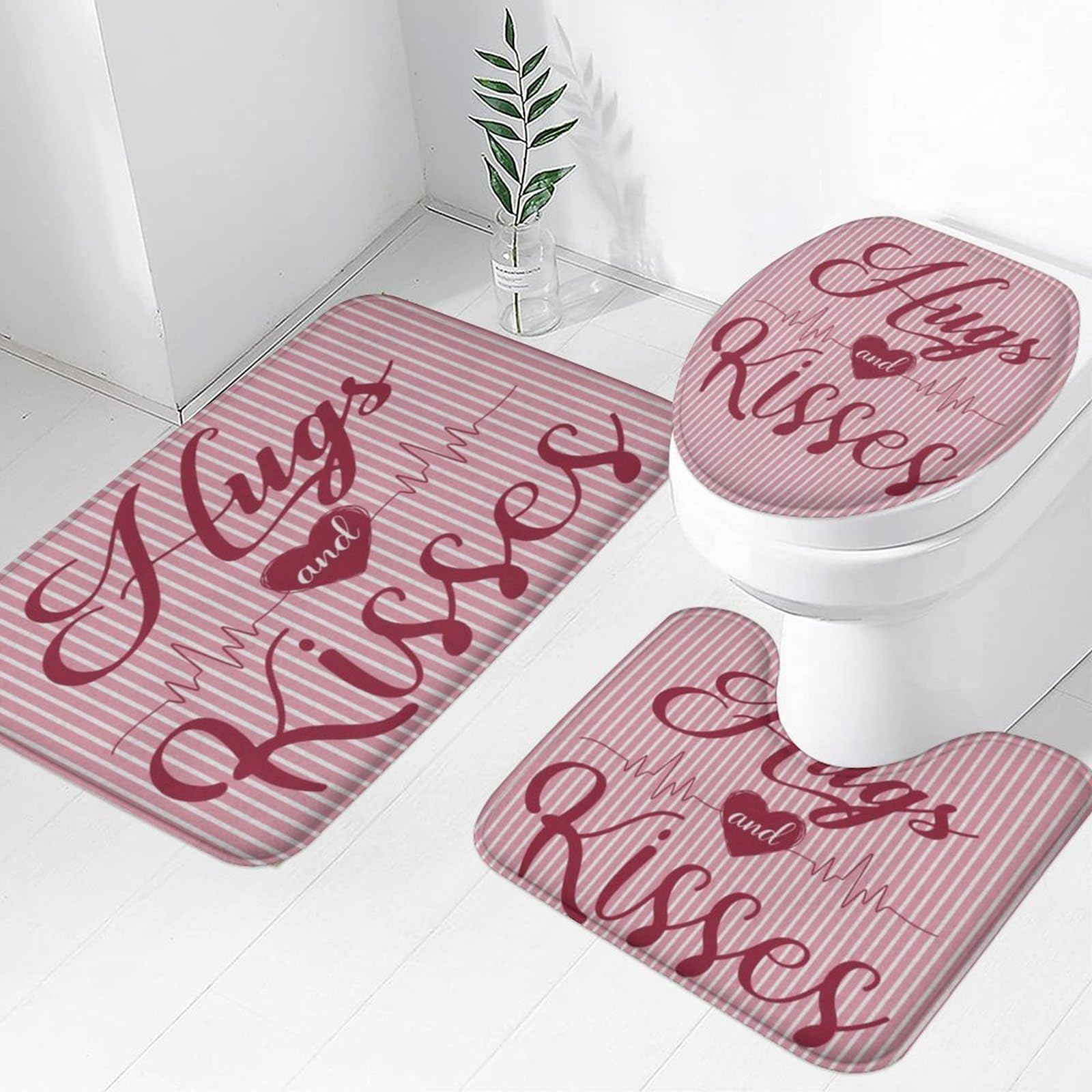 Easternproject 3 Piece Hugs and Kisses Bath Rug Sets Pink Stripes Sweet Quotes Words Bath Mat Set for Valentine’s Day Decor Non Slip Water Absorbent