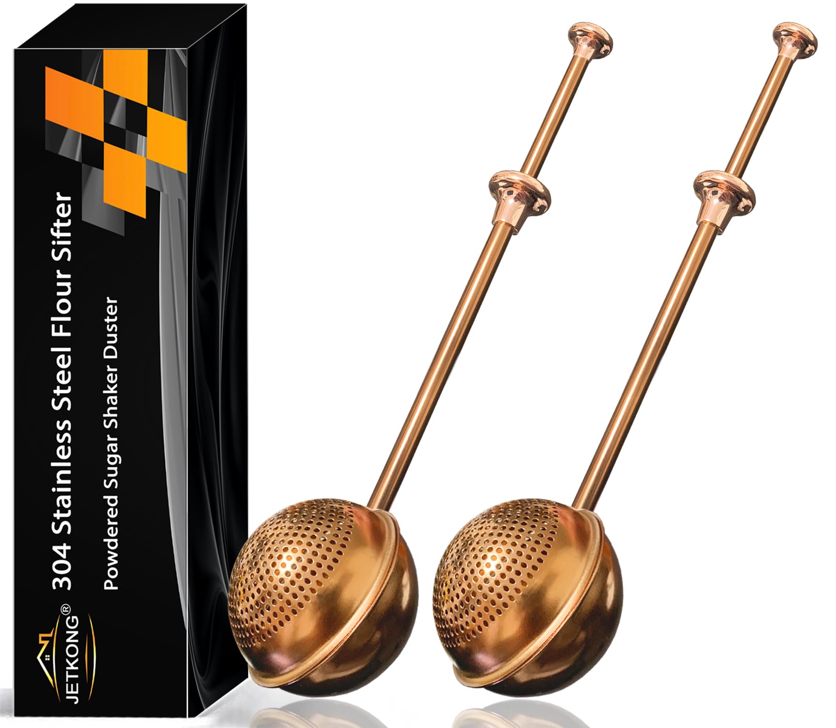 JETKONG Large Flour Sifter, Baking Sifters with 18/8 Stainless Steel Dusting Wand for Sugar, Flour and Spices, Set of 2 (Large, Brown)