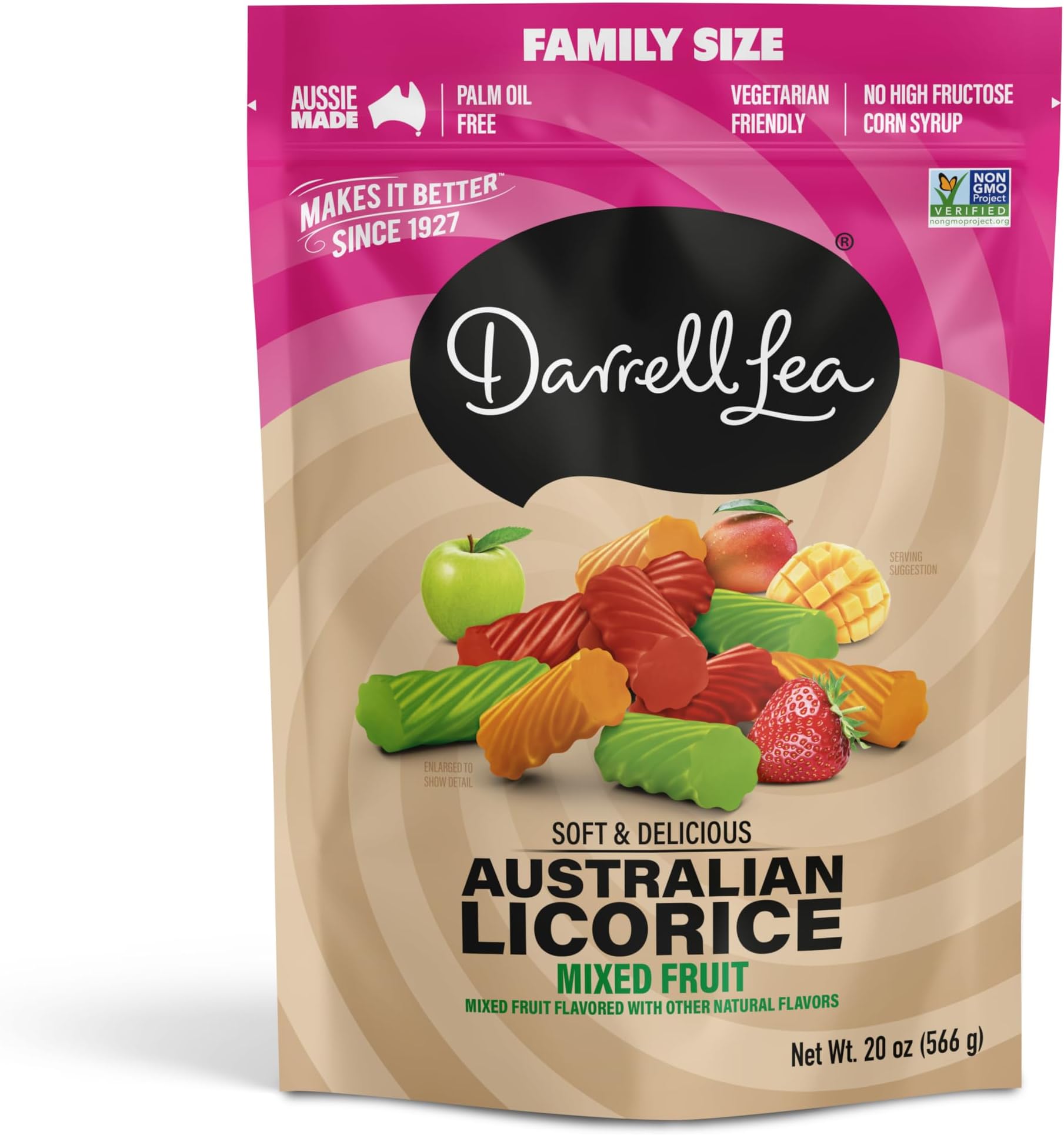 Darrell Lea Family Size Soft Australian Licorice, Non-GMO, No Palm Oil, Vegetarian Friendly, No High Fructose Corn Syrup, Soft & Chewy Licorice Candy, Made in Australia (Mixed Fruit, 20 Ounce)