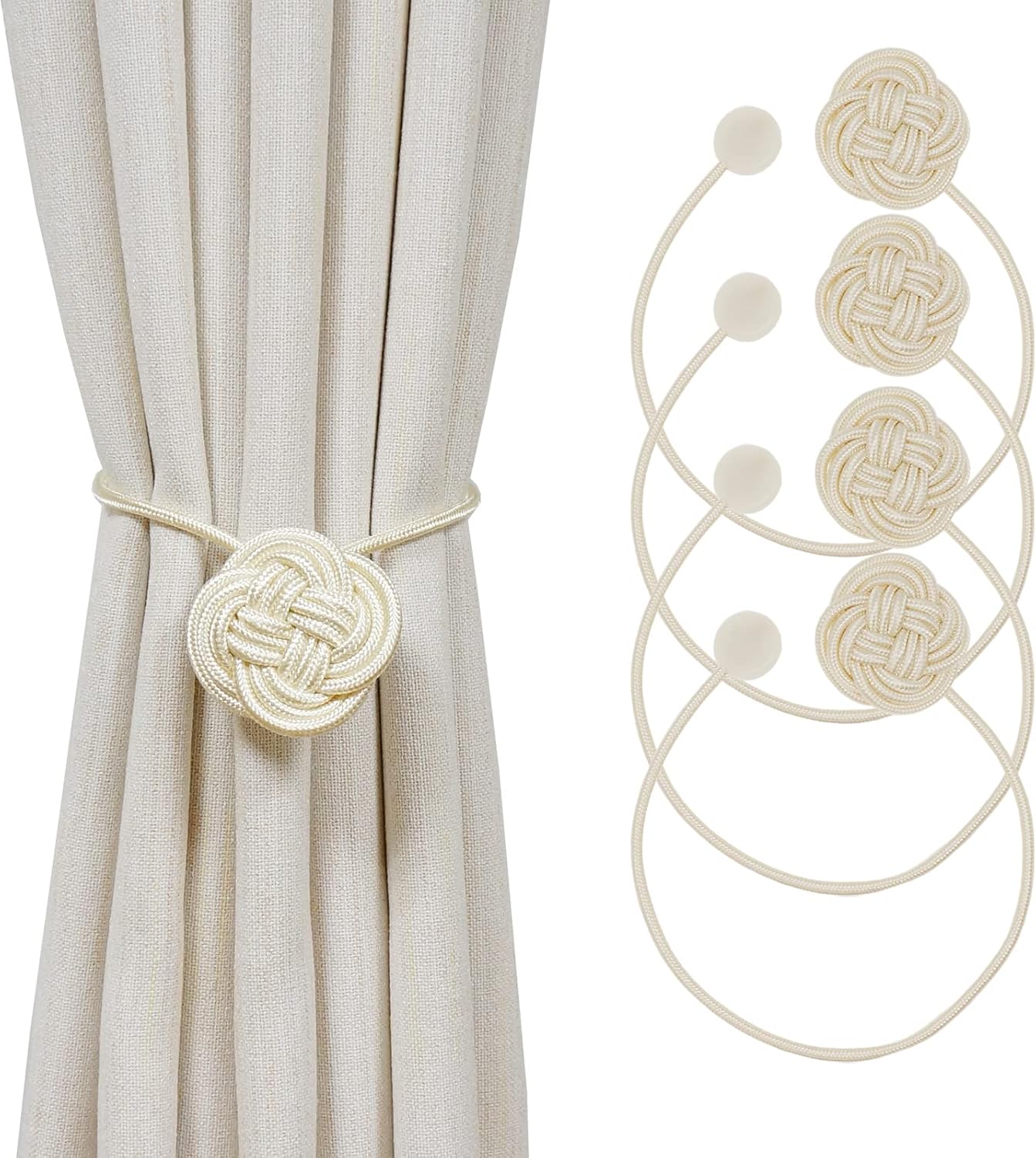 Strong Magnetic Curtain Tiebacks, 4 Pack Curtain Tie Modern Window Decorative Tie Backs for Curtains Rope Outdoor Holder for Sheer Blackout Drapes, Beige