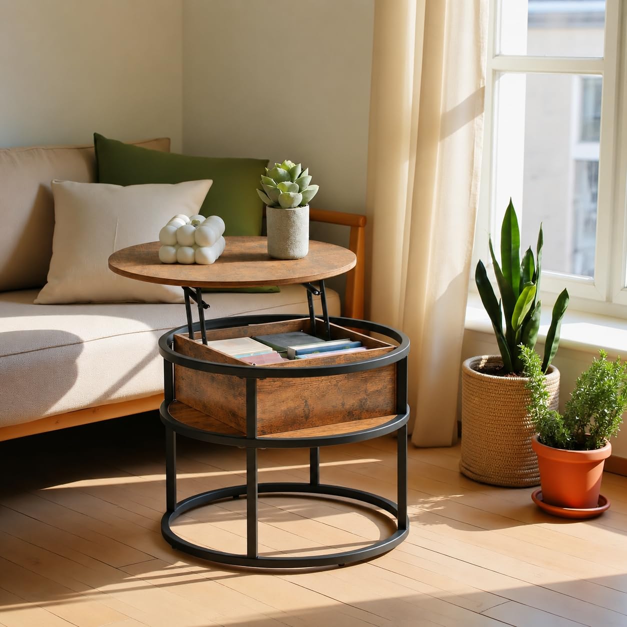 EGGREE Table Basse Relevable avec Rangement Caché,60x60X48cm-62cm,Table Basse Ronde Bois,pour Salon, Bureau,Chambre, Balcon Marron