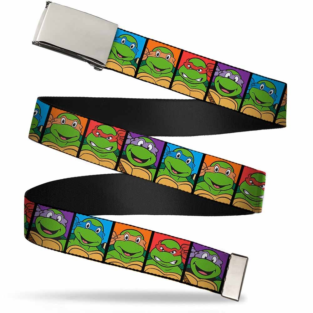 Nickelodeon Kids' Buckle-Down Web Belt Ninja Turtles 1.0", Classic TMNT Face Blocks Black/Multi Color, Wide-Fits Size 20 US