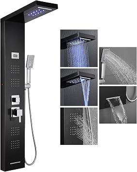5-in-1 LED Shower Tower Panel with Temperature Display, Black