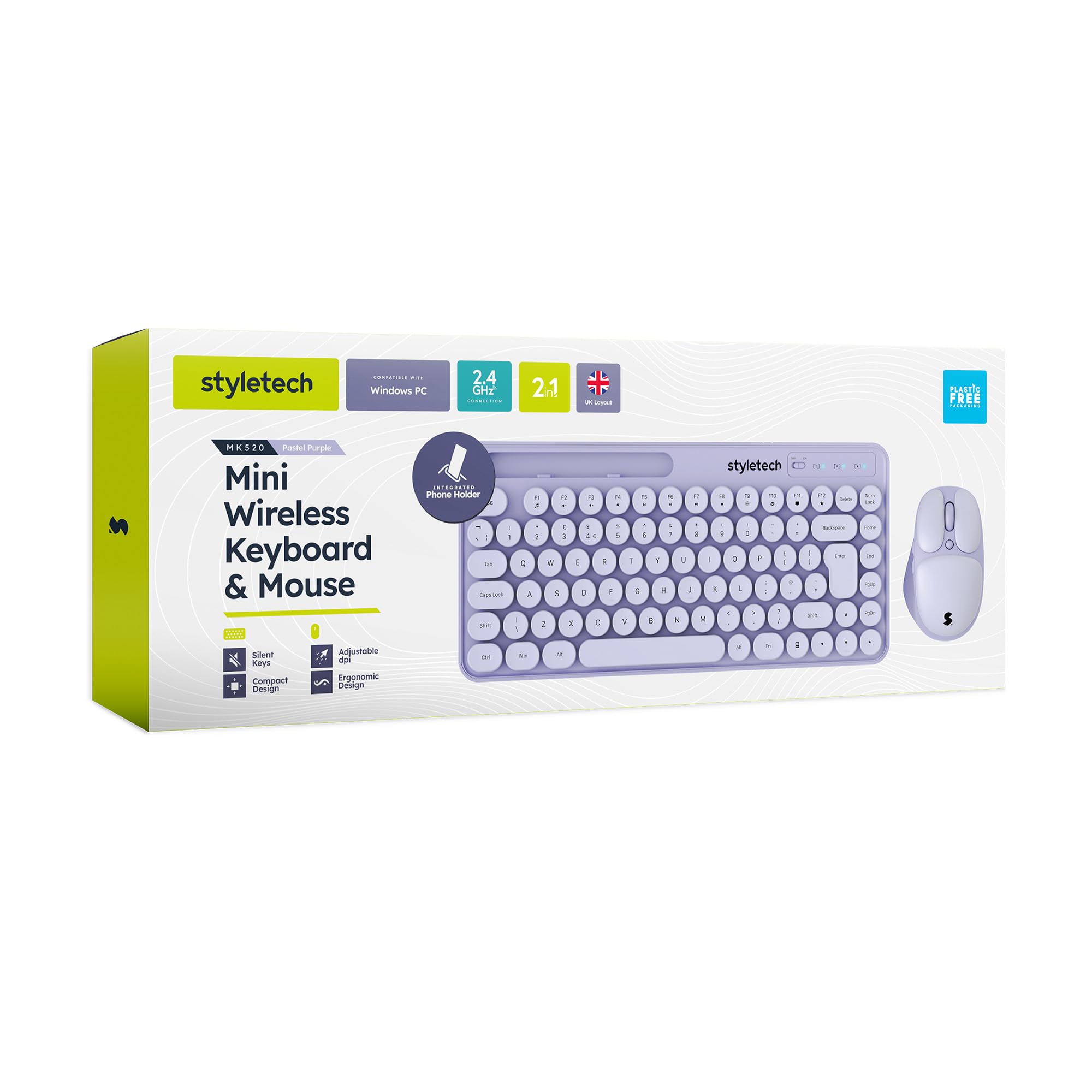 Ensemble clavier et souris pastel sans fil lavande Styletech pour bureau - 8