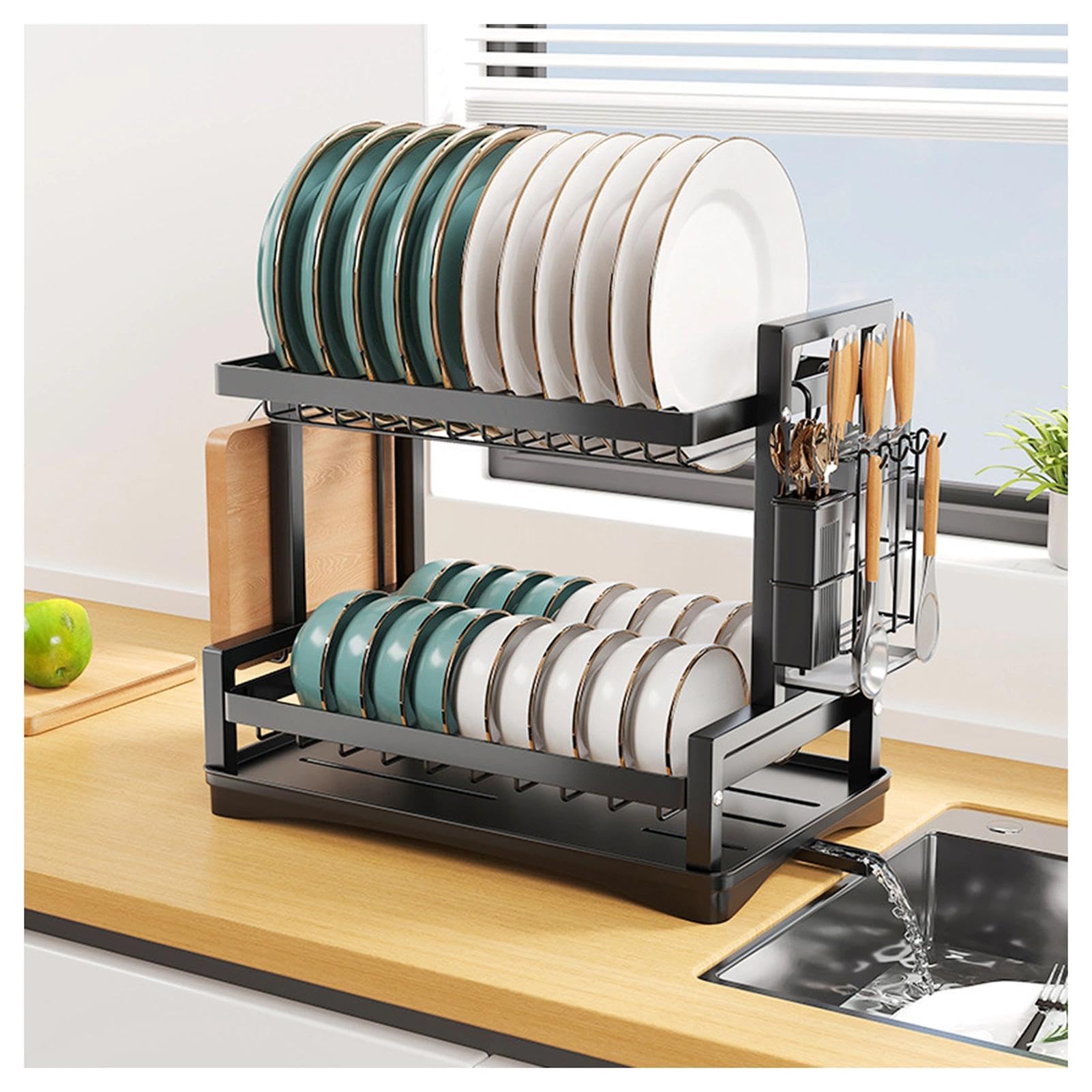 Scolapiatti,scolapiatti per Il bancone della Cucina,Grande scolapiatti in Acciaio inoxcon portautensili,scolapiatti,Organizer Piatti,cucchiai e forchette(Nero,2 Livelli)