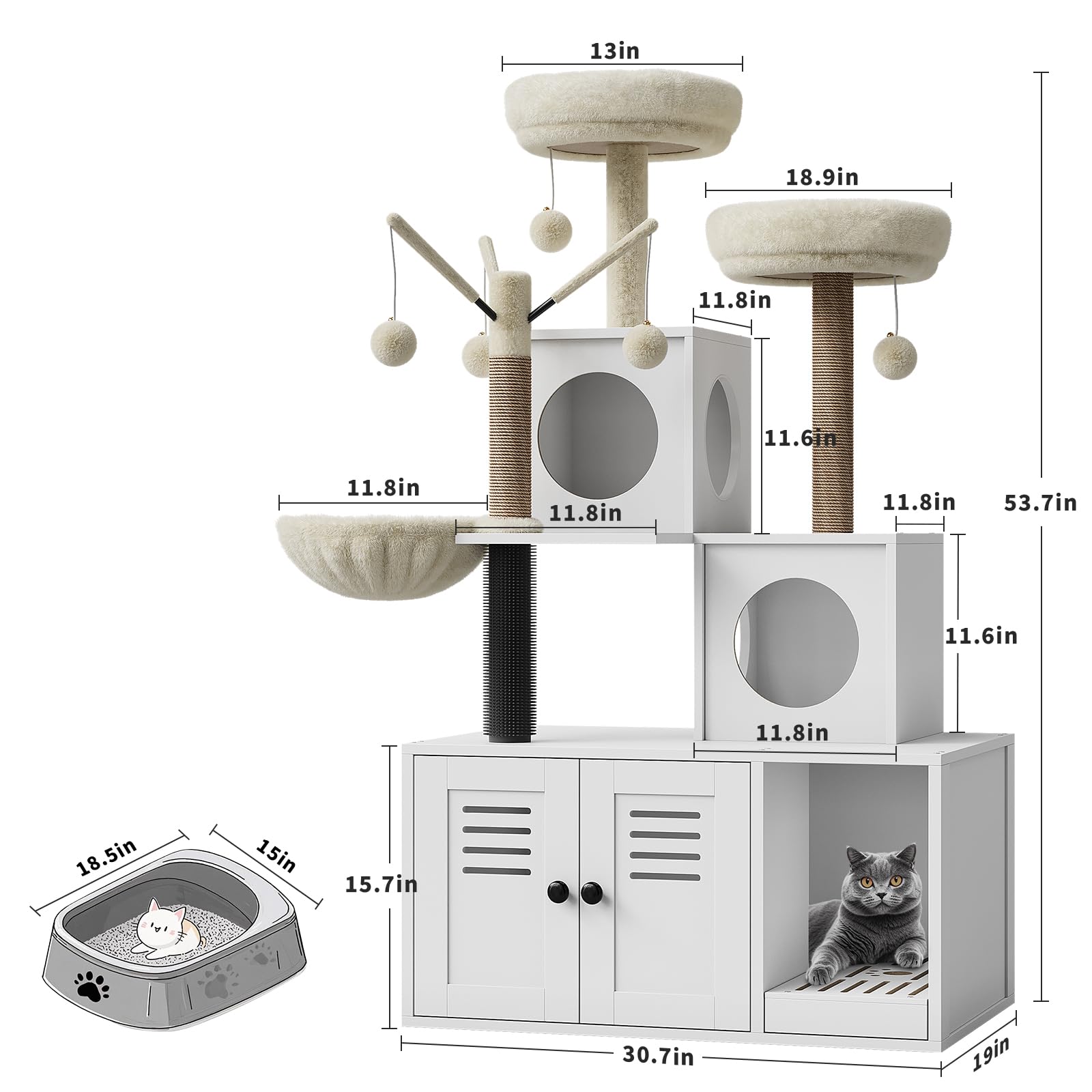 Árbol Rascador Grande Multifunción para Gatos – Cama Suave,Mueble con Caja De Arena Oculta y Múltiples Plataformas – Ideal para Hogares con Varios Gatos – Espacio Descansar y Jugar,140CM
