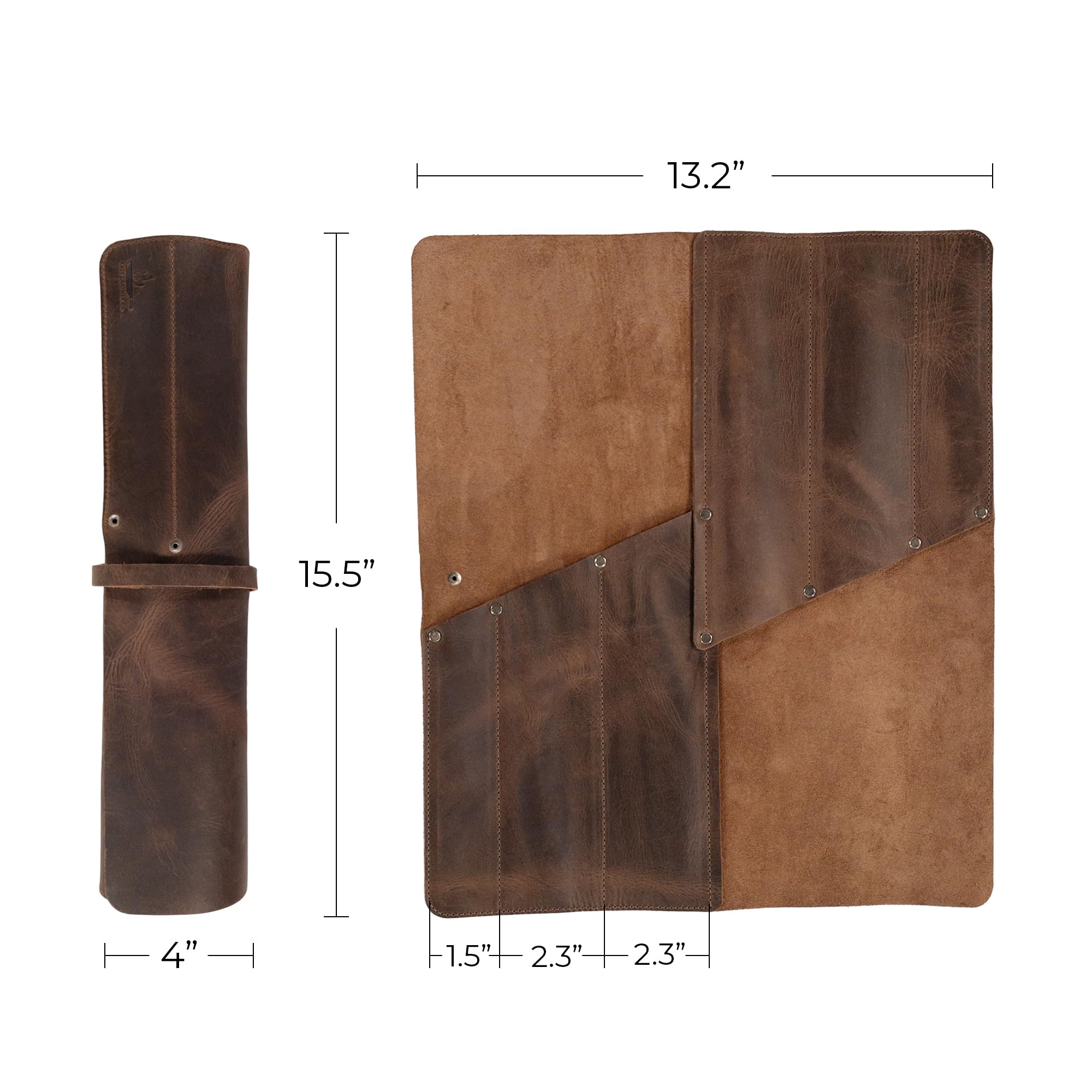 Cast Leather Co., Rouleau De Couteaux Rectangulaire Avec 3 Emplacements, Organiseur De Couteaux Portable, Sac De Voyage, Accessoires Culinaires, Cuir Pleine Fleur, Fait Main, Marron Bourbon
