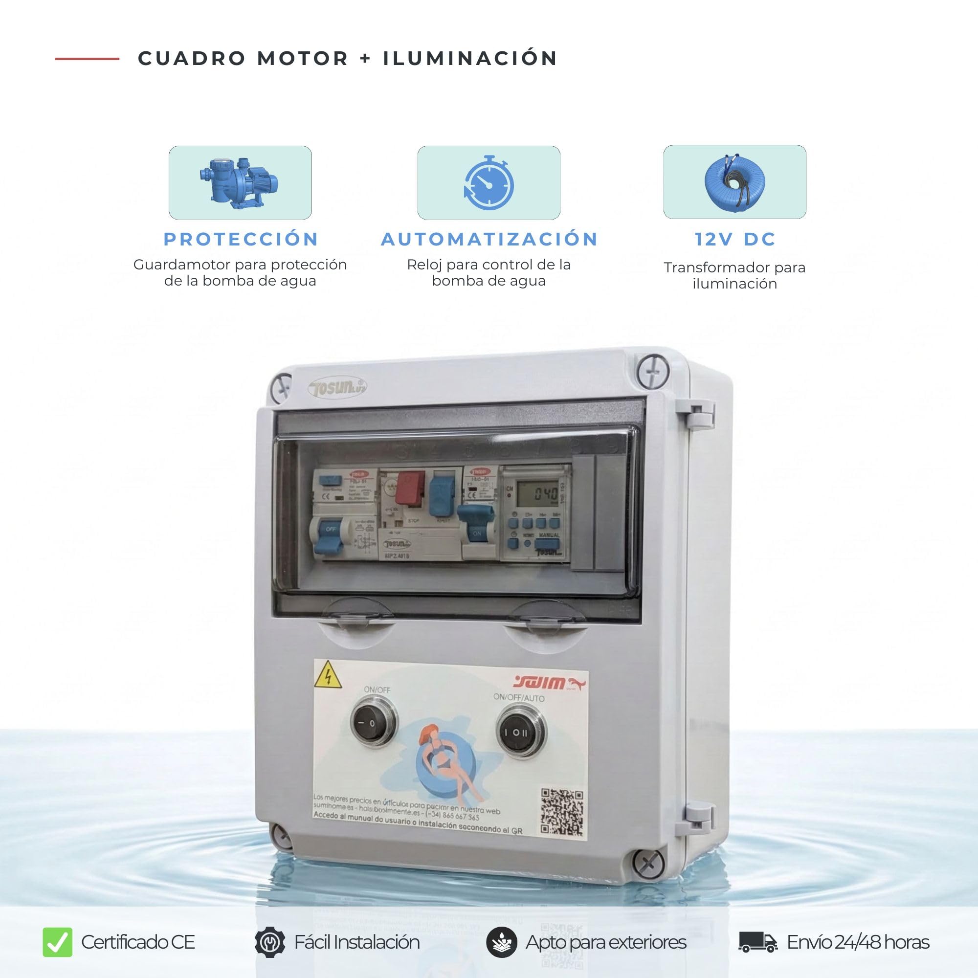 SWIMHOME Cuadro Eléctrico para Piscina Iluminación y Motor | Guardamotor y Transformador | Controlador WiFi RBG+Blanco | 60W 12DC