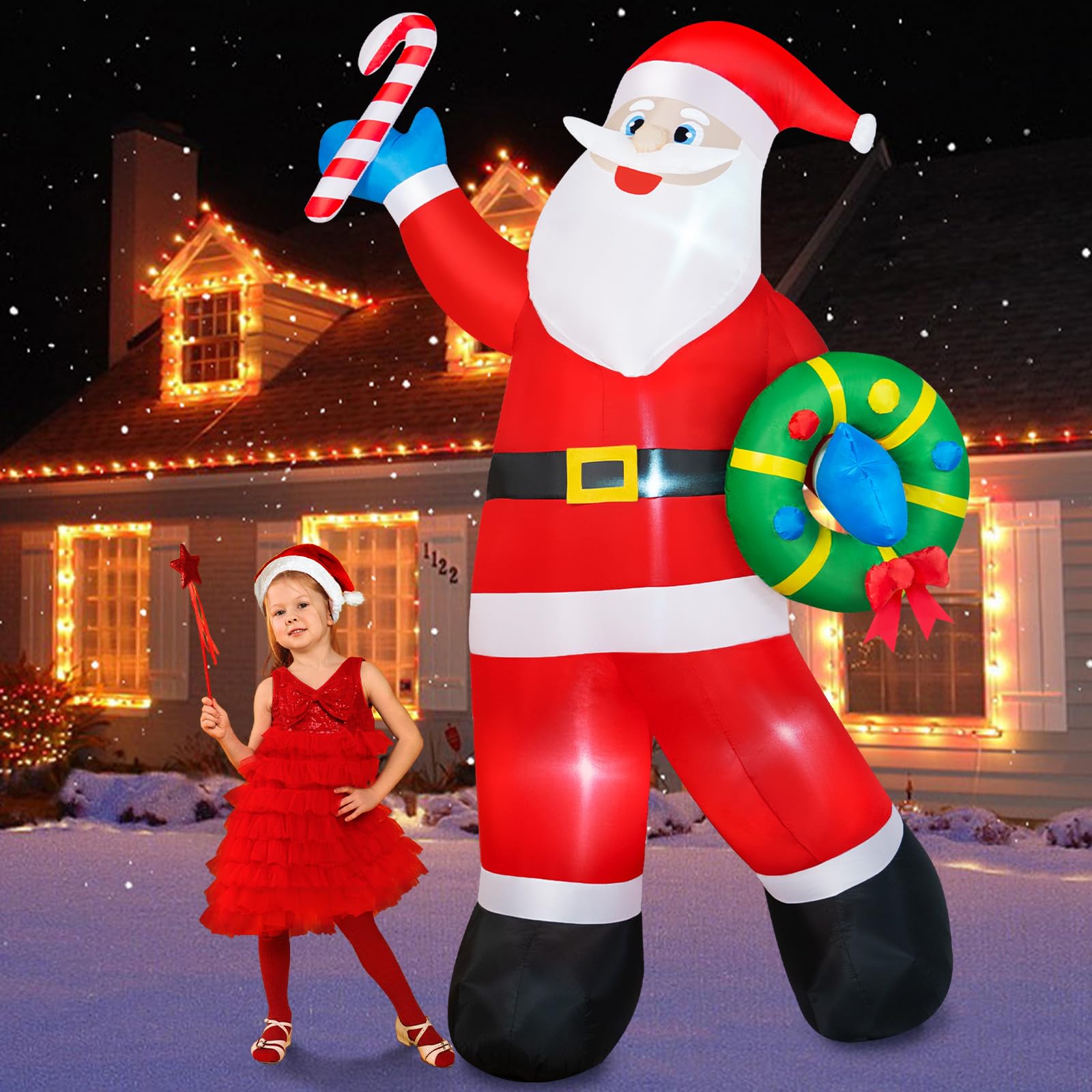 Père Noël gonflable de 2,4 m - Décorations d'extérieur - Père Noël gonflable tenant une guirlande de Noël - LED intégrées - Décoration de Noël pour Noël, vacances, jardin, pelouse
