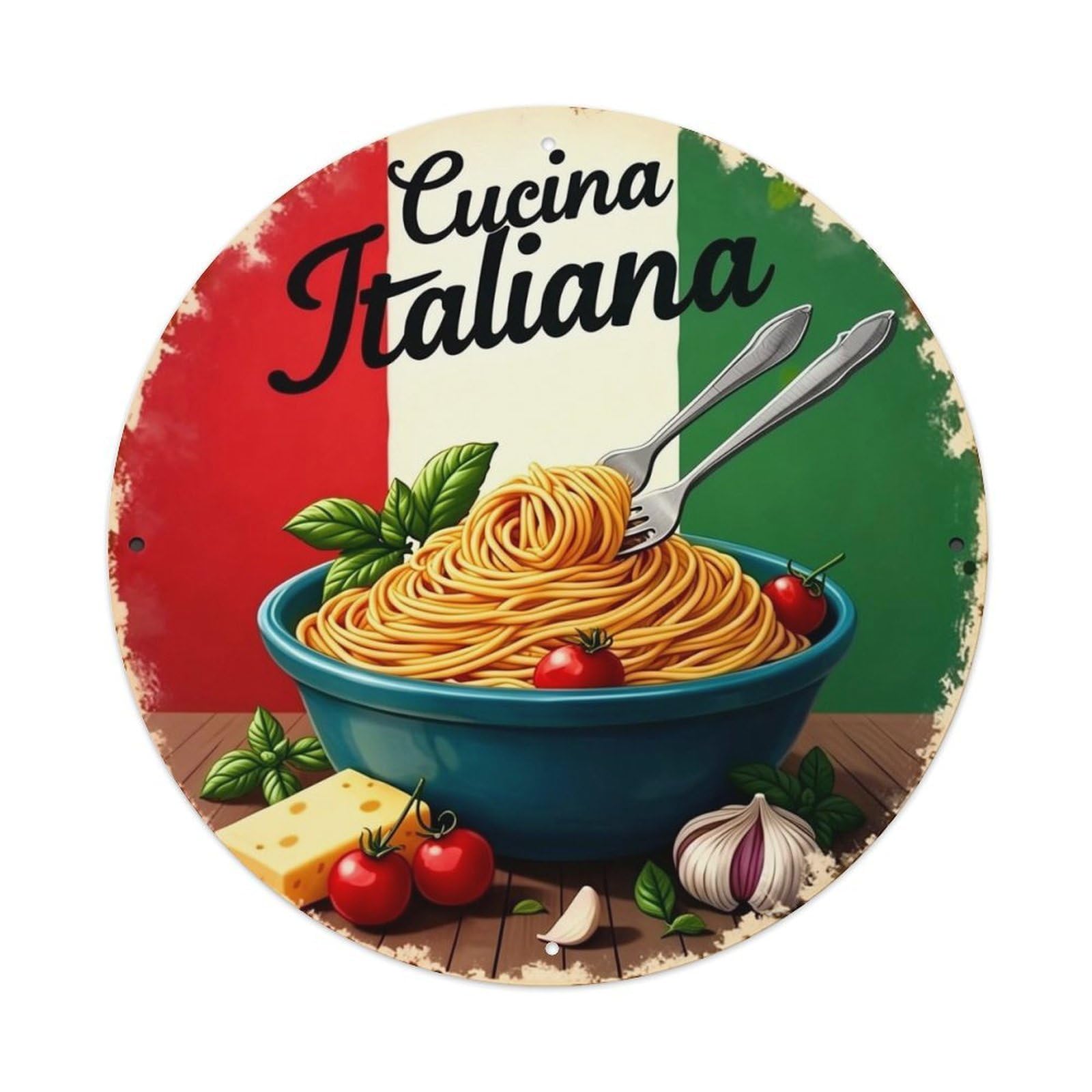 Jdyaojiesheng Vintage Italian Flag Pasta Bowl Garlic Round Tin Sign Retro Metal Wall Decor Metal Poster, Home Bar Garage Farmhouse Cafe Wall Art Decoration 8X8inch