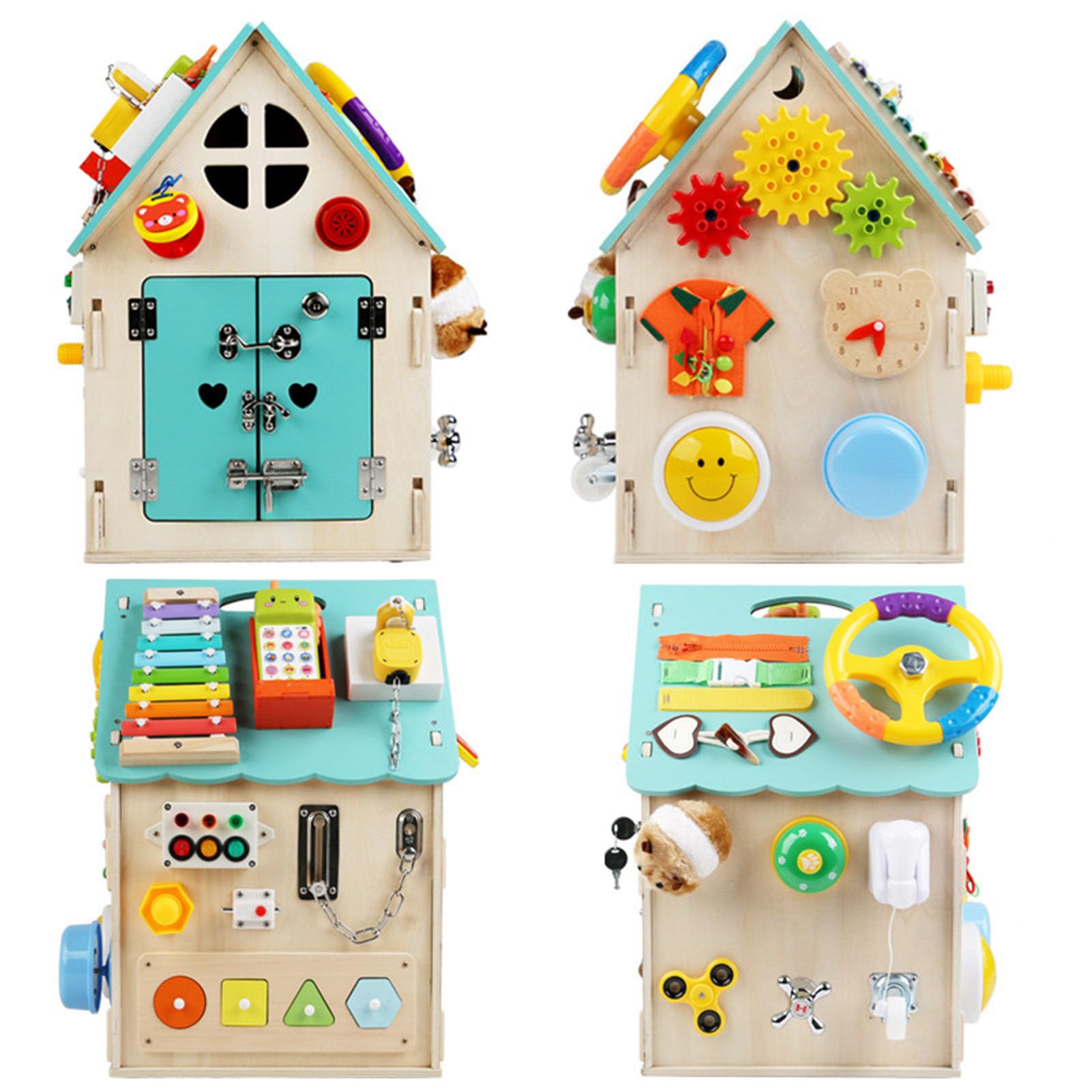Casa ocupada de Madera Montessori, Cubo de Actividades de Habilidades para la Vida, Juguete sensorial y de motricidad Fina para niños pequeños,Blue