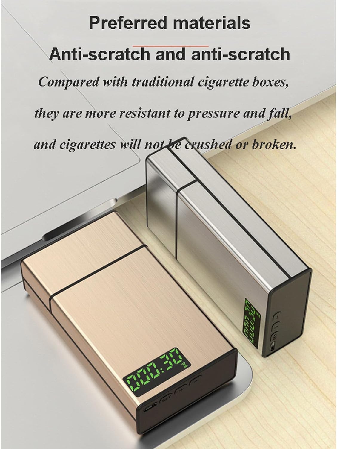 WOZLO-Pitillera inteligente, ayuda para dejar de fumar, temporizador y cerradura de aleación de aluminio, 20 cigarrillos delgados,Silver